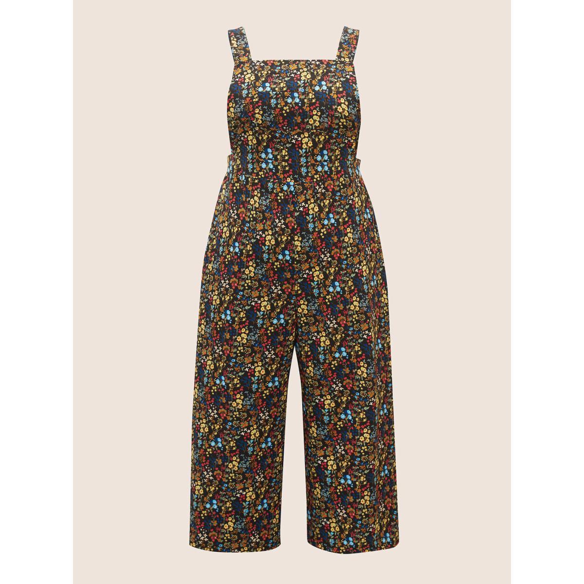 Plus Size Black Square Neck Ditsy Floral Elastic Waist Jumpsuit Women Elegant Sleeveless Square Neck Everyday Loose Jumpsuits BloomChic 22-24/3X Product Image