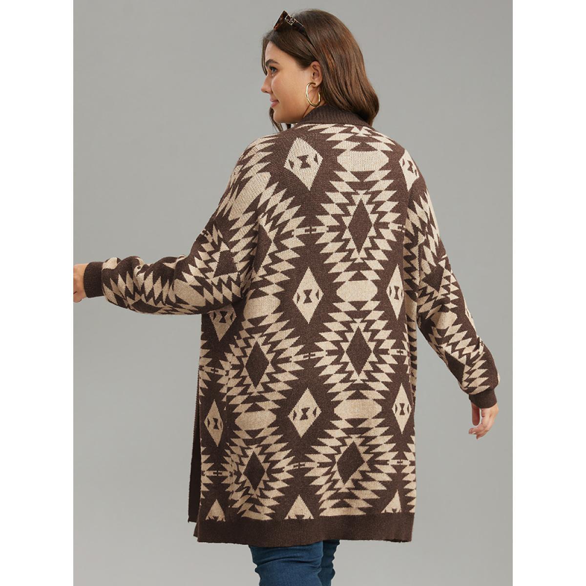 Plus Size Anti-Pilling Supersoft Essentials Geo Lapel Collar Cardigan DarkBrown Women Casual Loose Long Sleeve Everyday Cardigans BloomChic 12/L Product Image