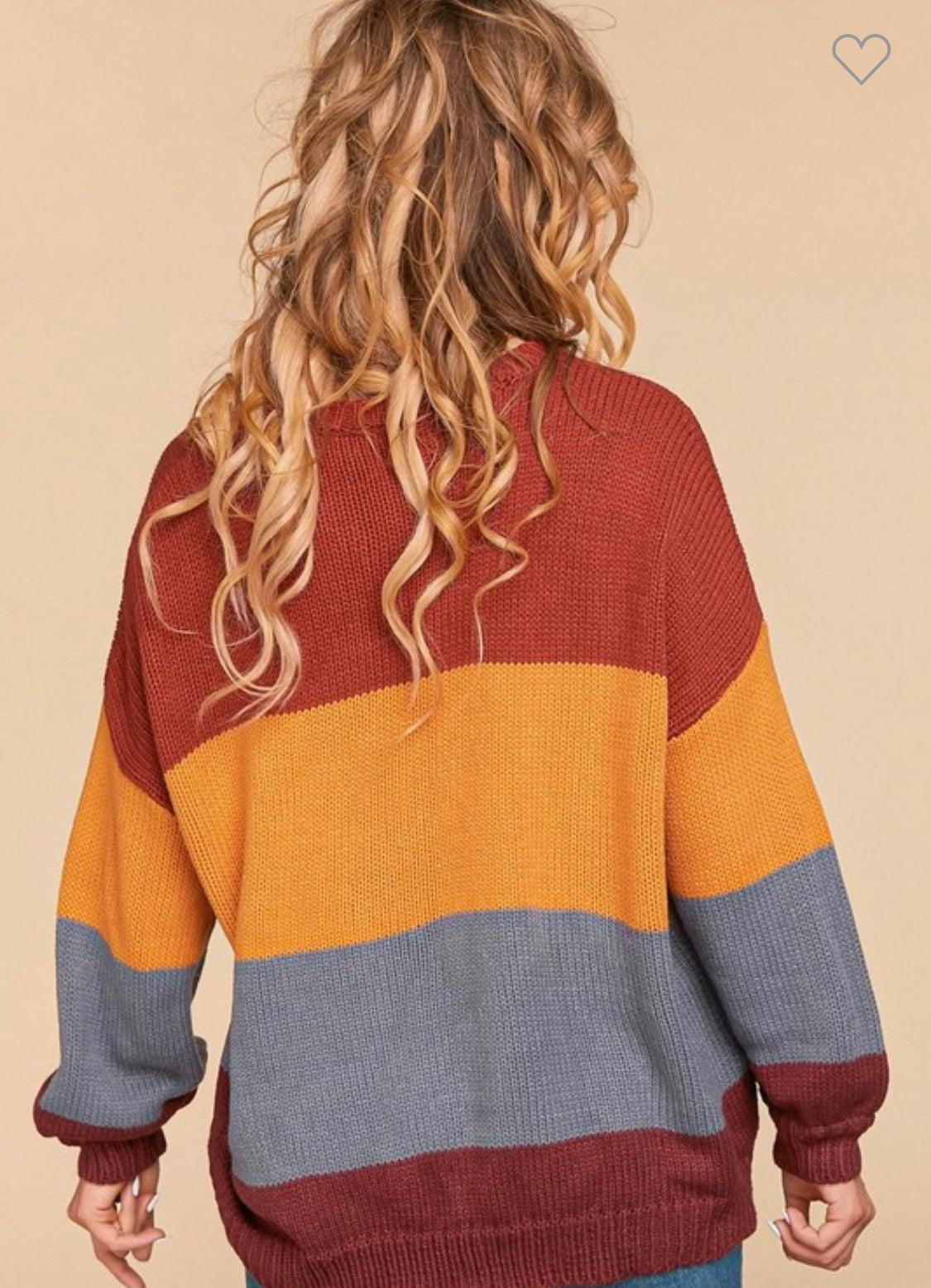 2539   Alicia Round Neck Color Block Bubble Sleeve Loose Fit Sweater Product Image