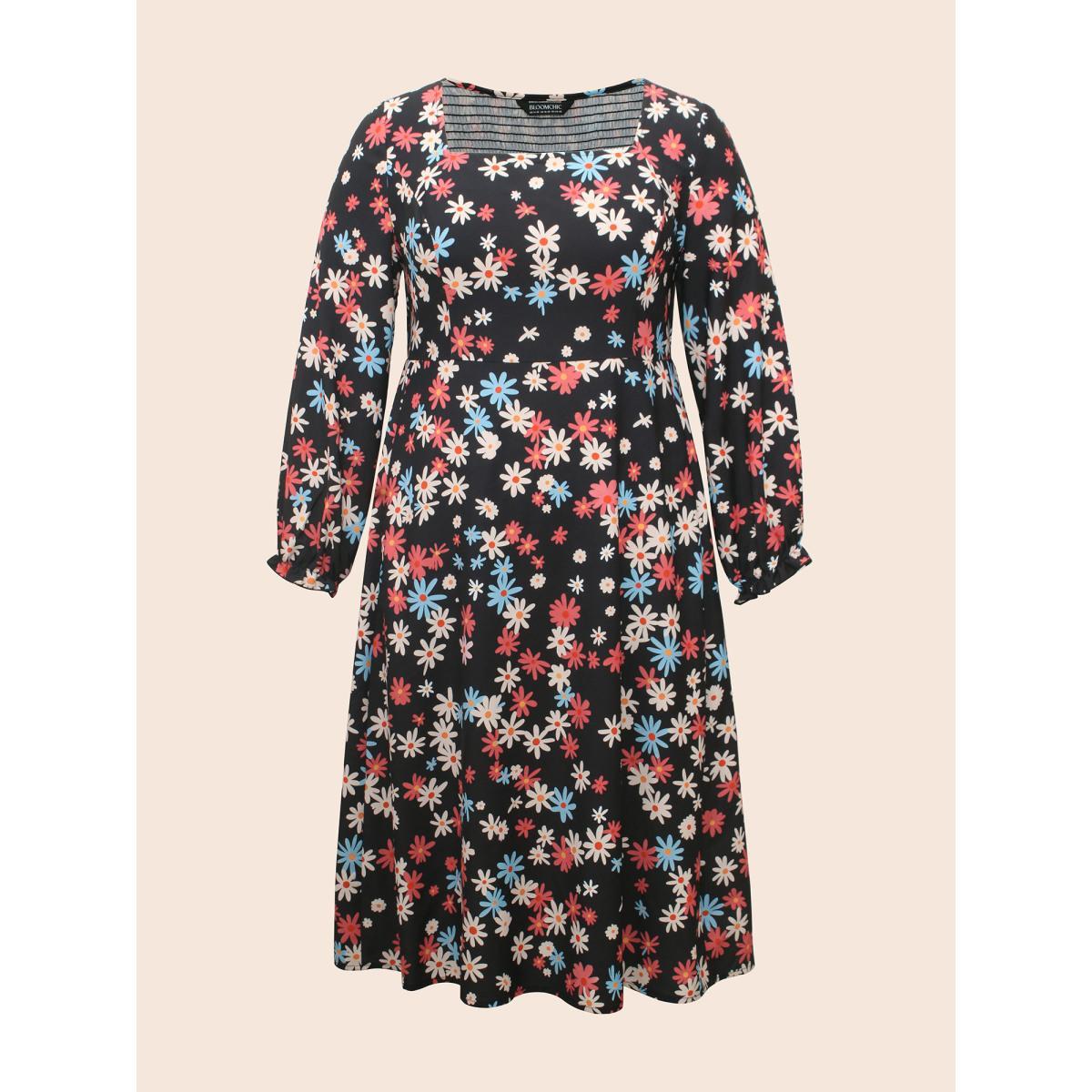 Plus Size Floral Square Neck Lantern Sleeve Dress BlackFlower Women Elegant Ruffles Square Neck Long Sleeve Curvy BloomChic 14-16/1X Product Image