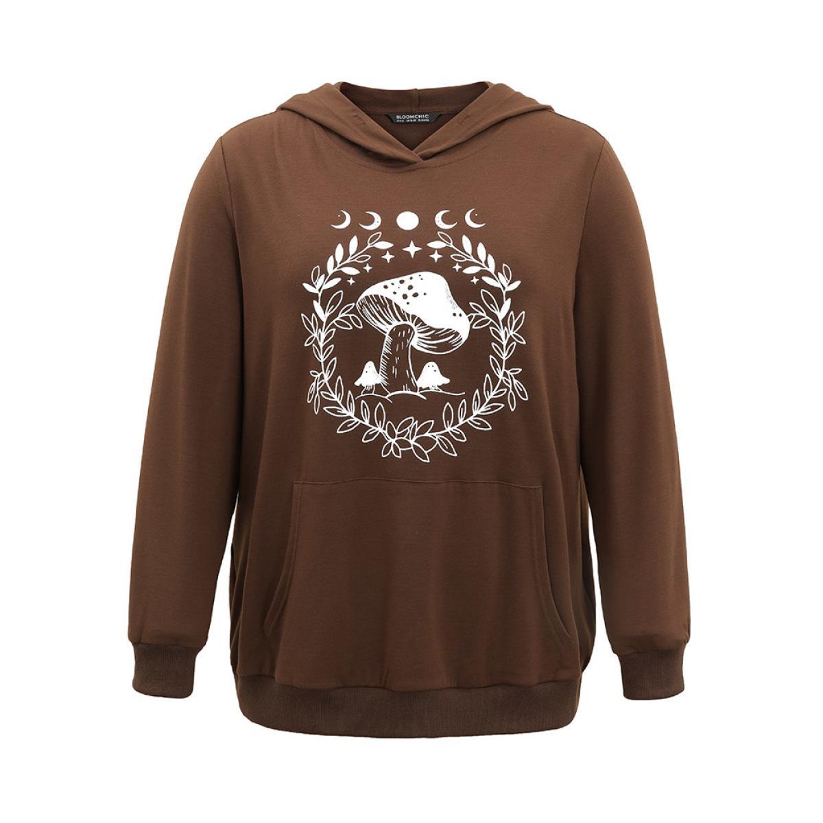 Plus Size Plants Print Hooded Kangaroo Pocket Sweatshirt Women DarkBrown Casual Printed Dailywear Sweatshirts BloomChic 26/4X Product Image