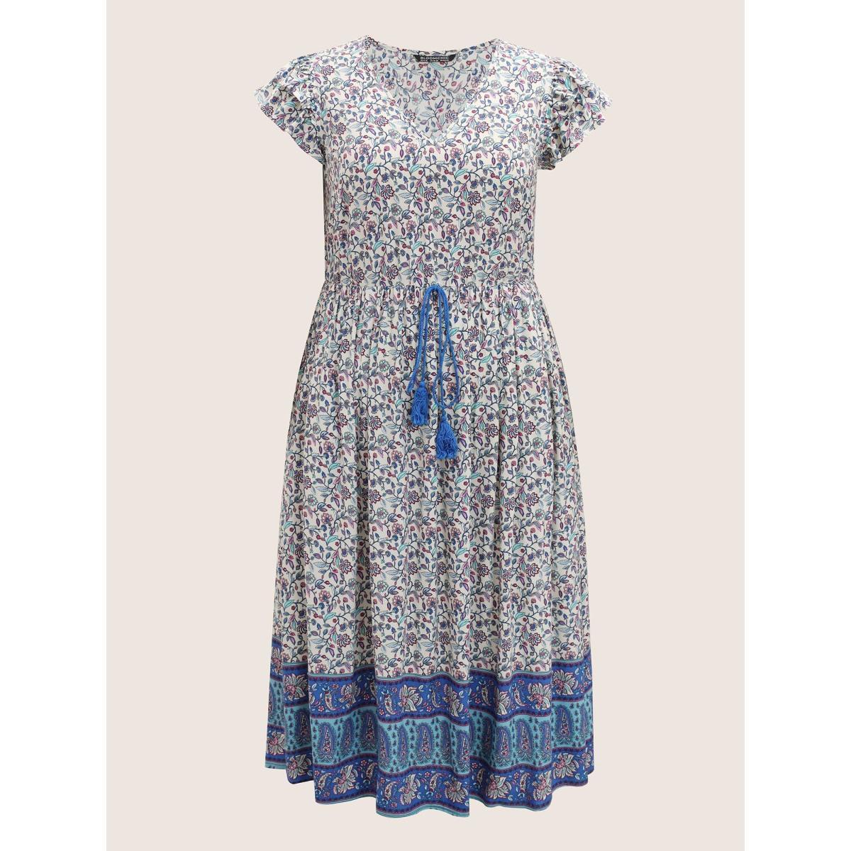 Plus Size Paisley Print Tiered Ruffles Pocket Dress Bluepurple Women Resort Cross straps V-neck Cap Sleeve Curvy BloomChic 22-24/3X Product Image