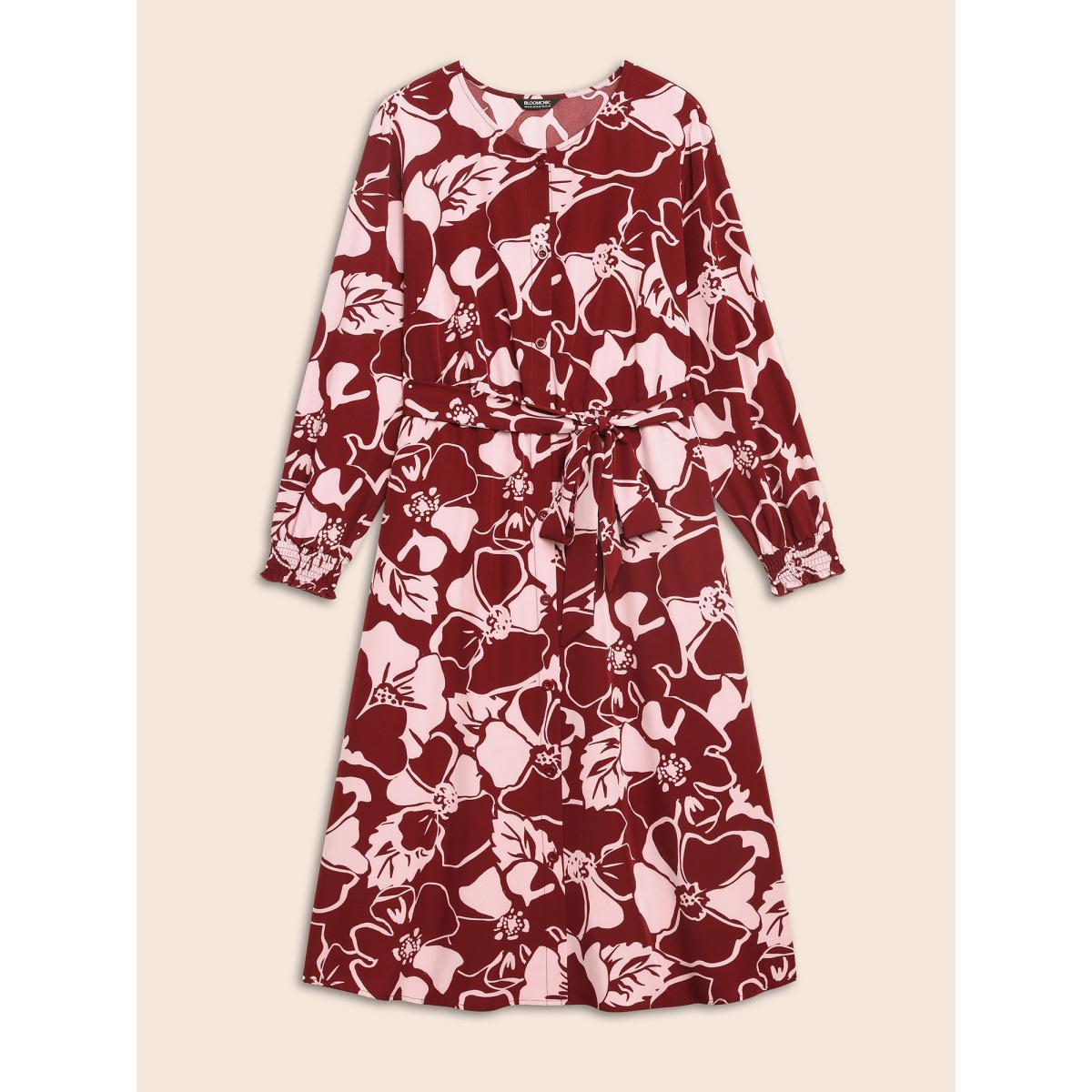 Plus Size Floral Button Up Belted Dress Burgundy Women Elegant Belted Round Neck Long Sleeve Curvy BloomChic 12/L Product Image