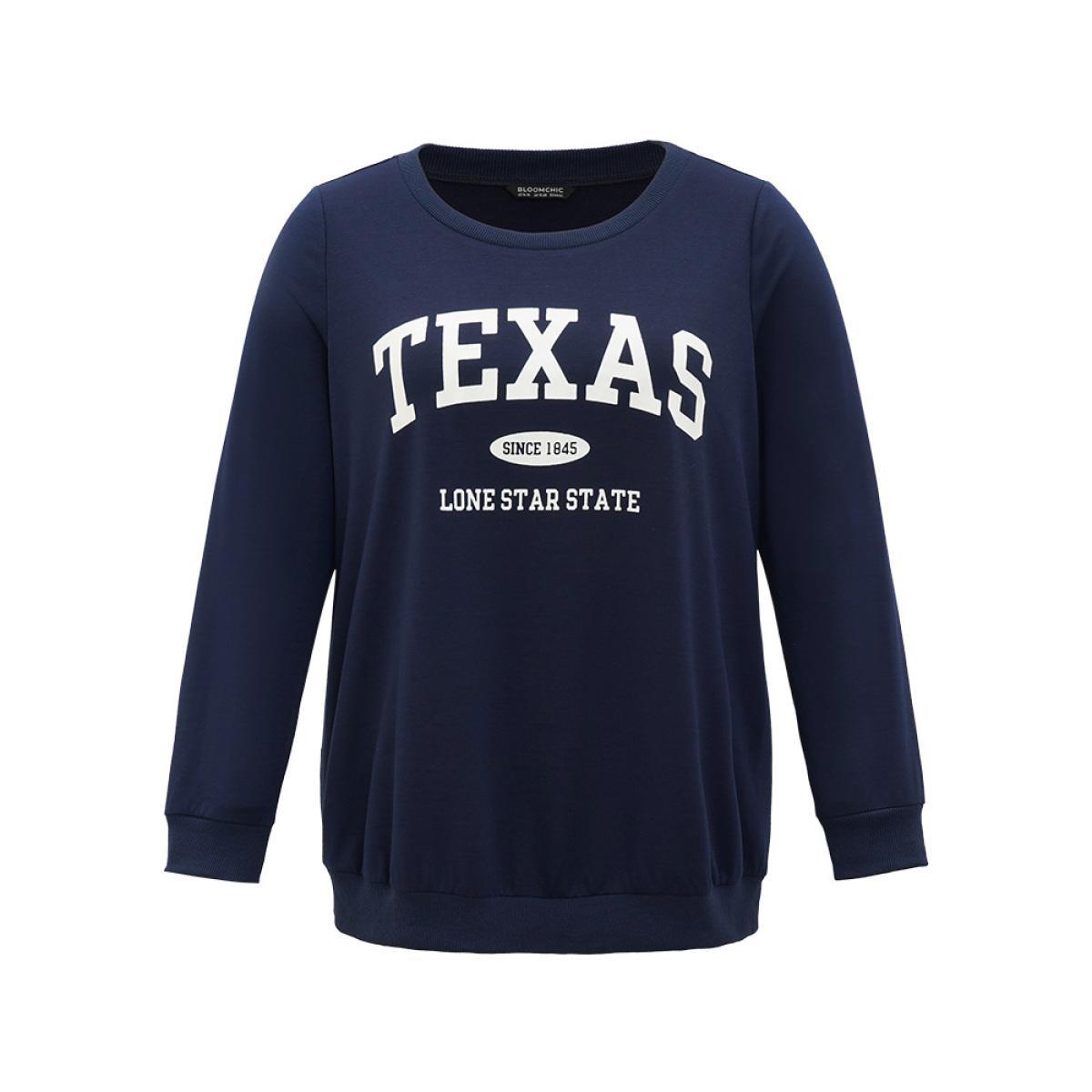 Plus Size Letter Print Crew Neck Elastic Cuffs Sweatshirt Women Indigo Casual Elastic cuffs Dailywear Sweatshirts BloomChic 26/4X Product Image