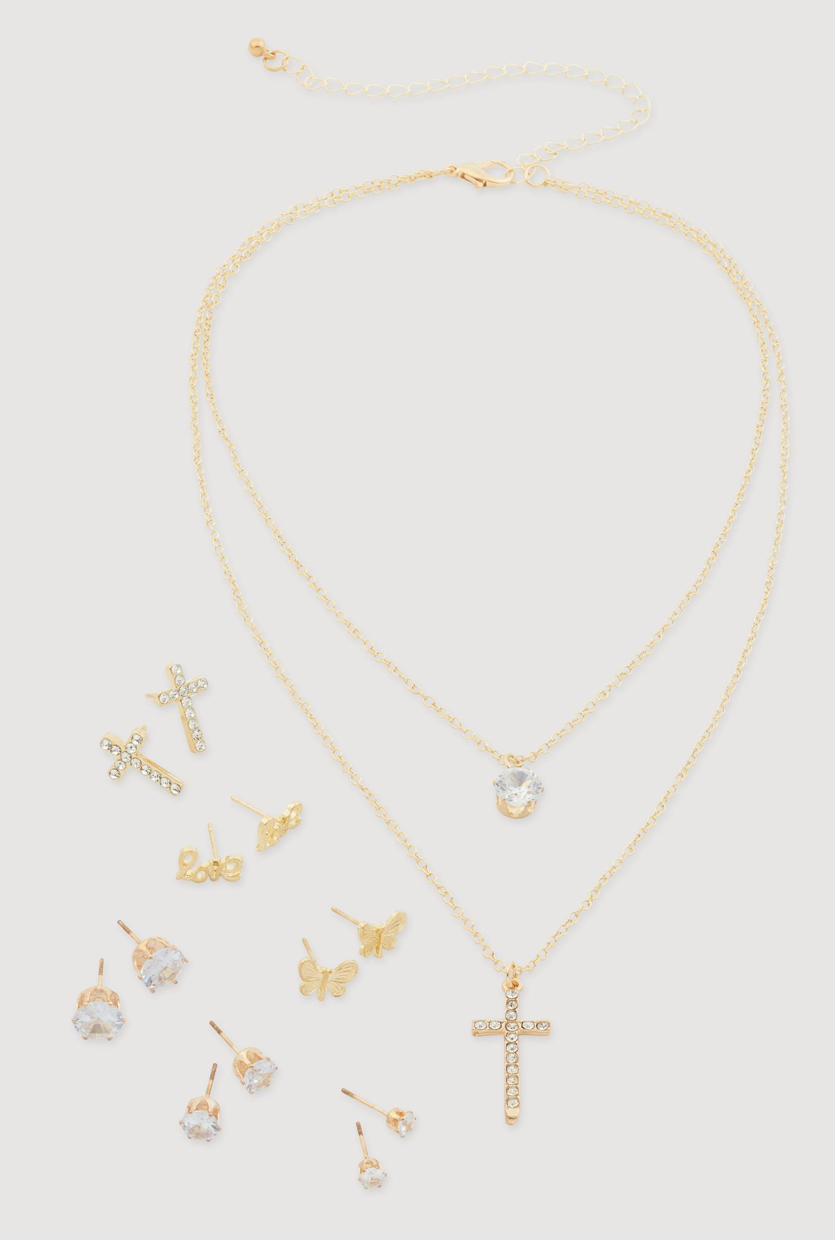 Cubic Zirconia Bear Charm Necklace with Stud Earrings Female Product Image