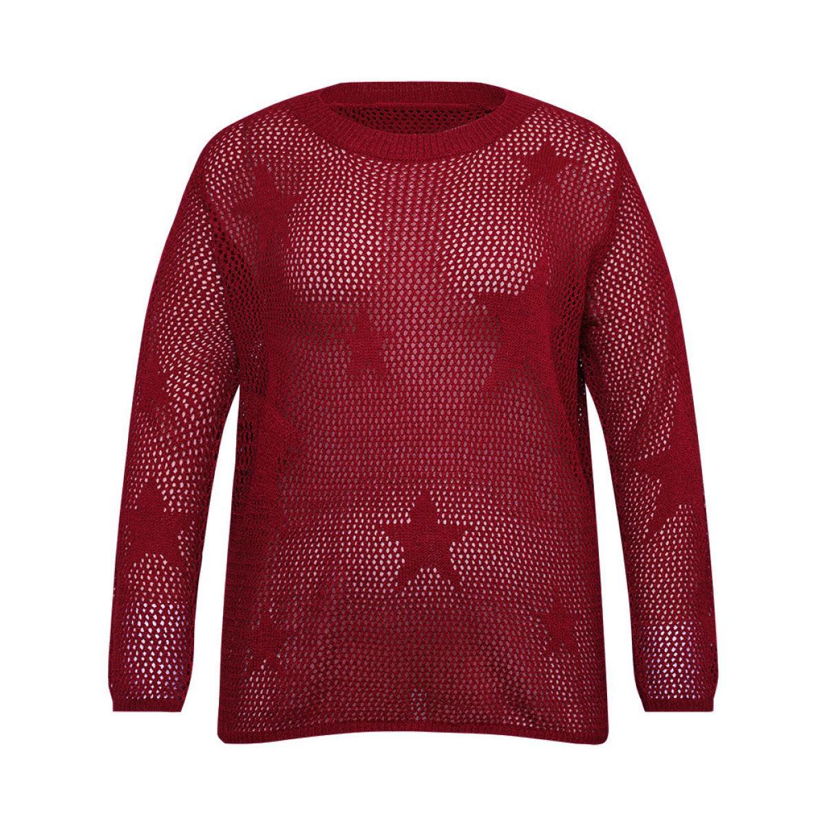 Plus Size Star Pattern Lantern Sleeve Hollow Out Pullover Raspberry Women Casual Long Sleeve Round Neck Everyday Pullovers BloomChic 22-24/3X Product Image