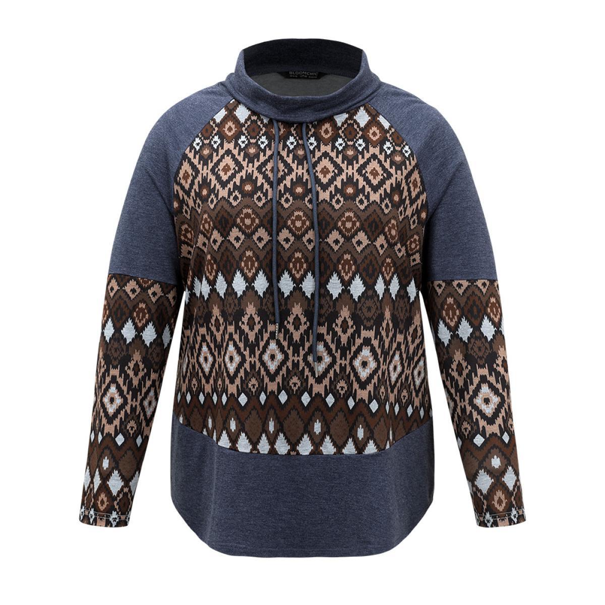 Plus Size Bandana Patchwork Mock Neck Raglan Sleeve Sweatshirt Women Indigo Casual Contrast Mock Neck Dailywear Sweatshirts BloomChic 22-24/3X Product Image