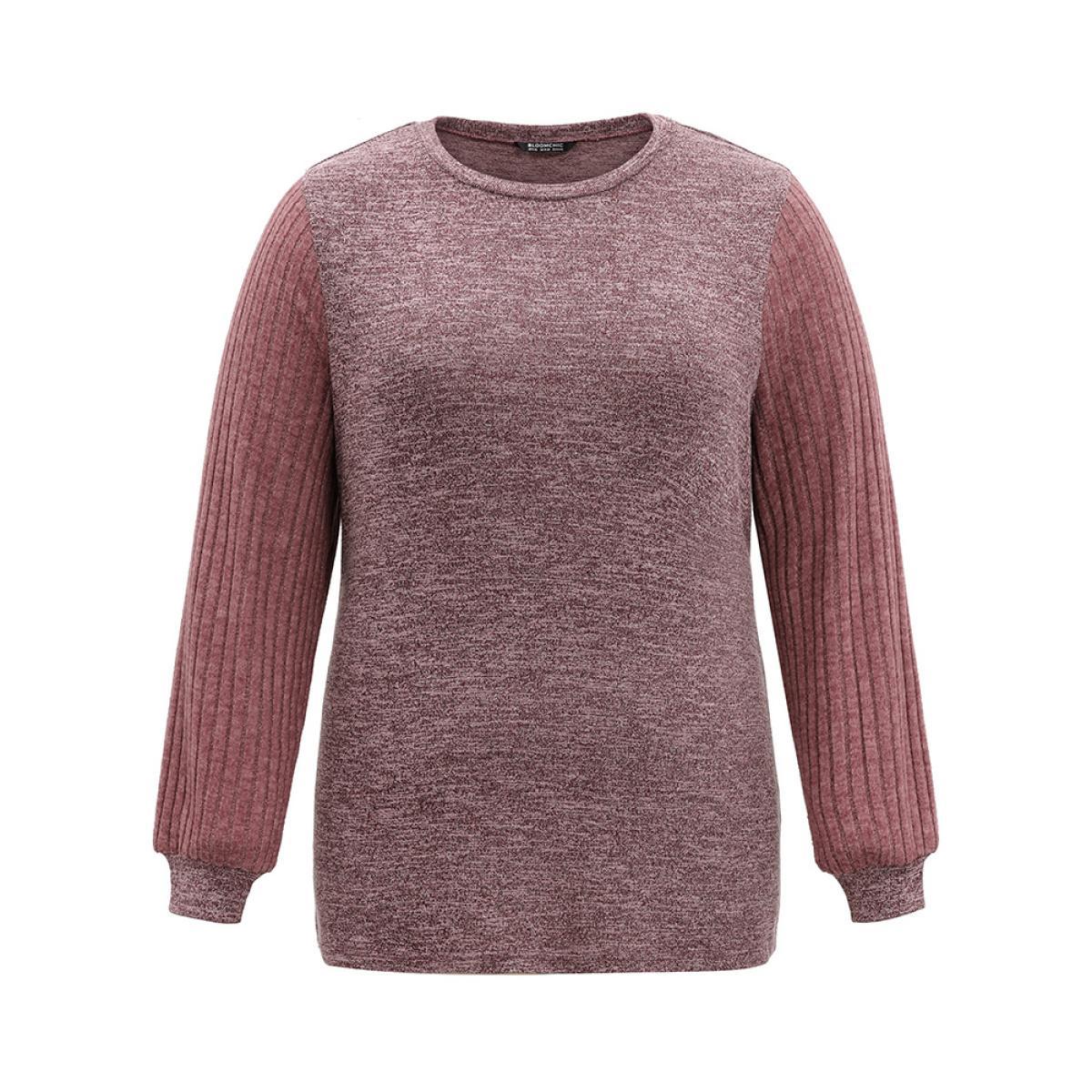 Plus Size Heather Plisse Patchwork Crew Neck T-shirt Russet Women Casual Rib Knit Plain Round Neck Dailywear T-shirts BloomChic 12/L Product Image