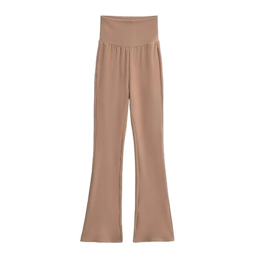 Long-Sleeve Stand Collar Plain Ruched T-Shirt / High Waist Plain Flared Pants Product Image