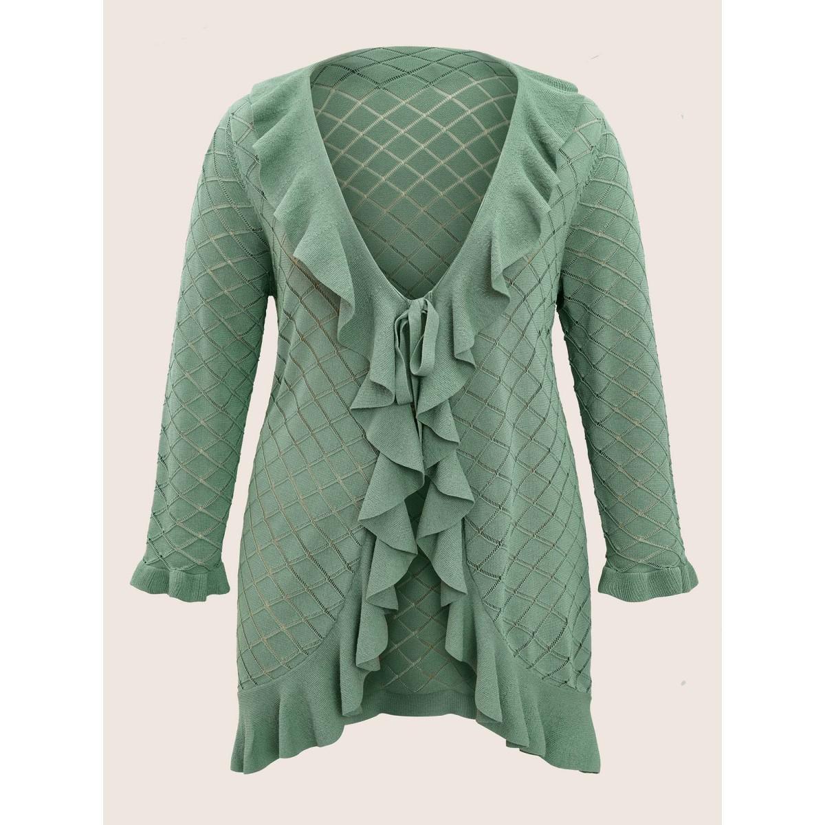 Plus Size Plain Geometric Cut Out Ruffles Ties Cardigan Emerald Women Everyday Elegant Cover Ups Bloomchic 30/6X Product Image