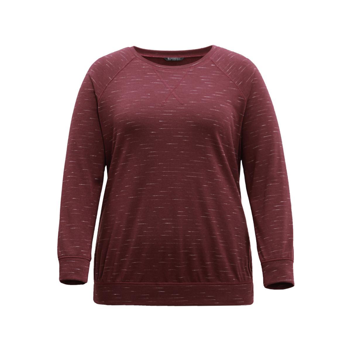 Plus Size Plain Stitch Raglan Sleeve Round Neck Sweatshirt Women Burgundy Casual Plain Round Neck Everyday Sweatshirts BloomChic 22-24/3X Product Image