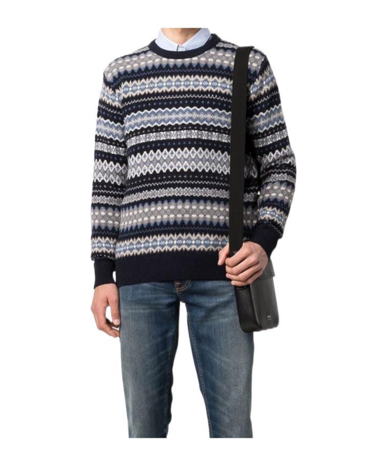 BARBOUR Case Fairisle Blue Grey Crewneck Jumper Product Image