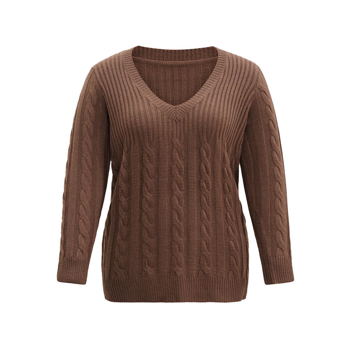 Plus Size Cable Knit Patchwork Plisse V Neck Pullover DarkBrown Women Casual Loose Long Sleeve V-neck Dailywear Pullovers BloomChic 26/4X Product Image
