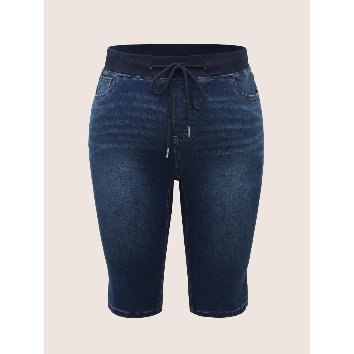 Plus Size Dark Wash Slit Hem Drawstring Cropped Jeans Women Denimblue Casual Drawstring High stretch Slanted pocket Jeans BloomChic 30/6X Product Image