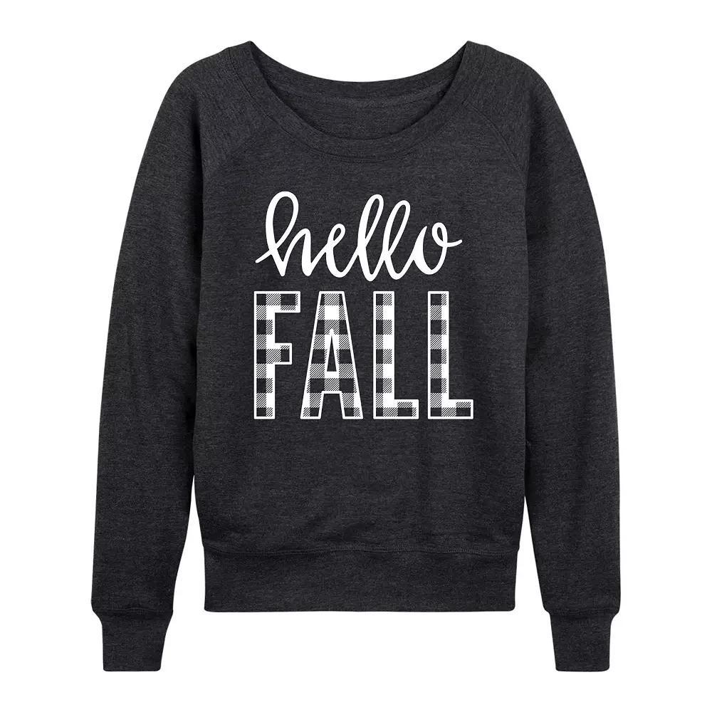 Womens Hello Fall Plaid French Terry Long Sleeve Tee, Girls Heather Grey Product Image