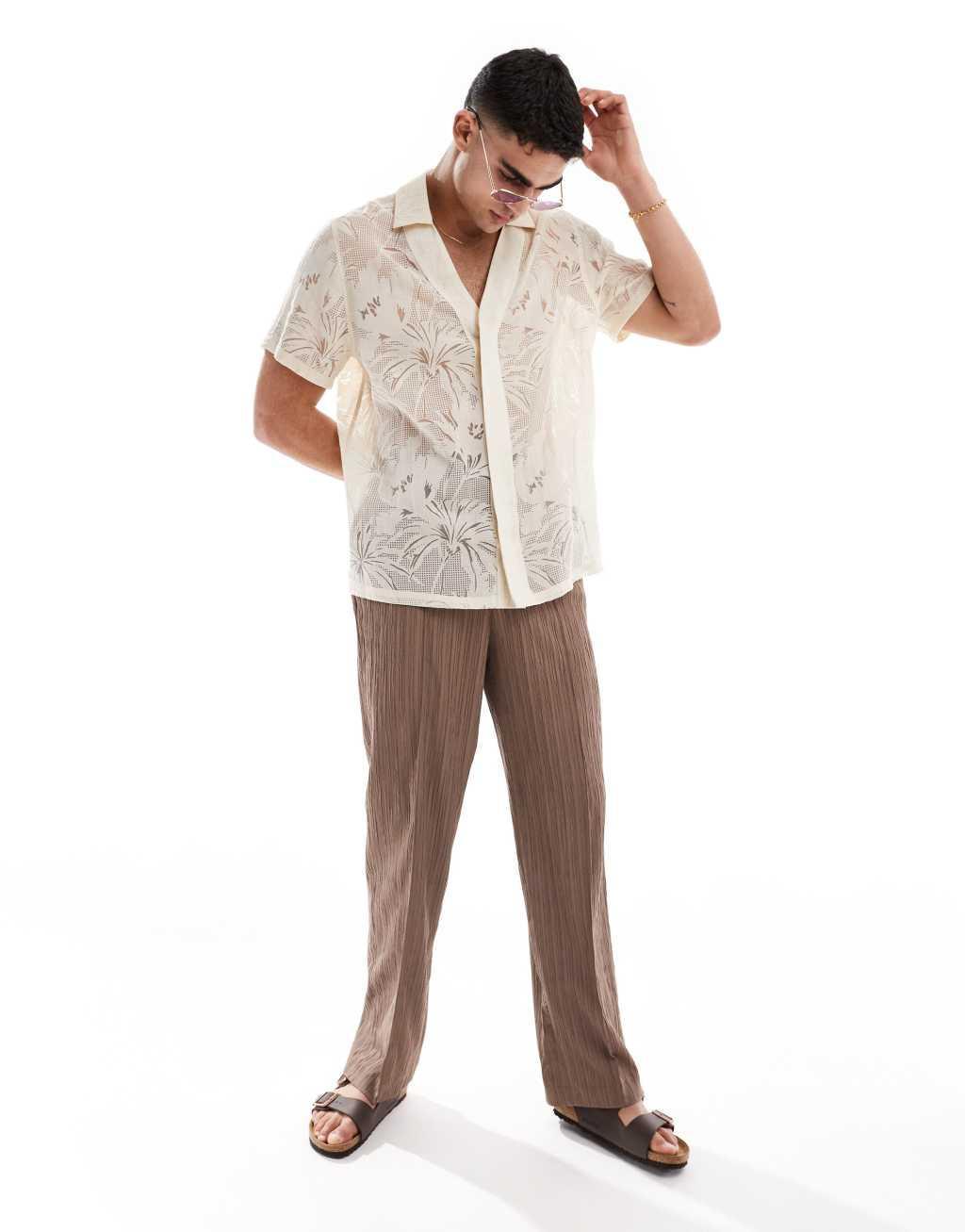 ASOS DESIGN relaxed low neck burn out shirt in stone  Product Image