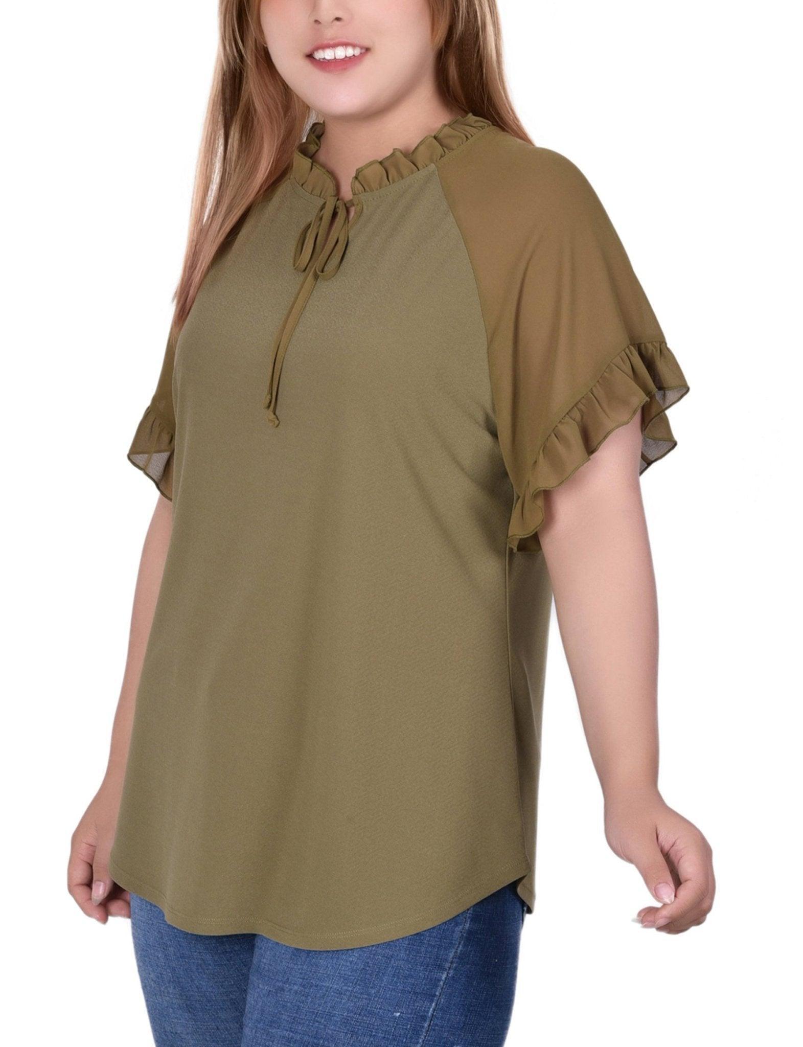 Martini Olive Short Ruffled Sleeve Crepe Knit Top With Chiffon Sleeves - Plus Product Image