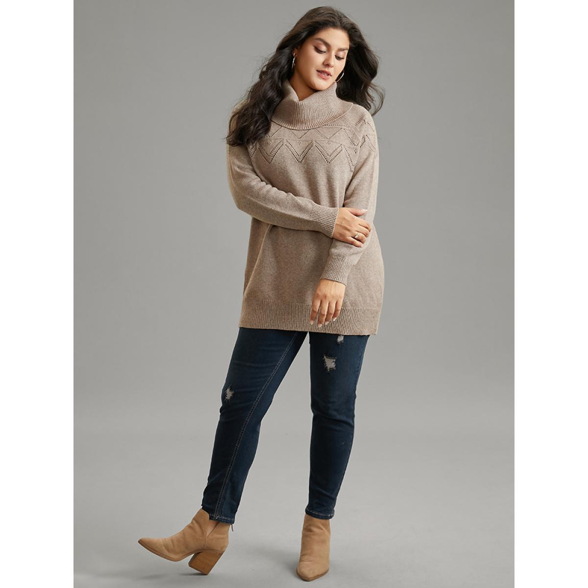 Plus Size Supersoft Essentials Anti-Pilling Turtle Neck Eyelet Pullover LightBrown Women Casual Loose Long Sleeve Turtleneck Dailywear Pullovers BloomChic 30/6X Product Image