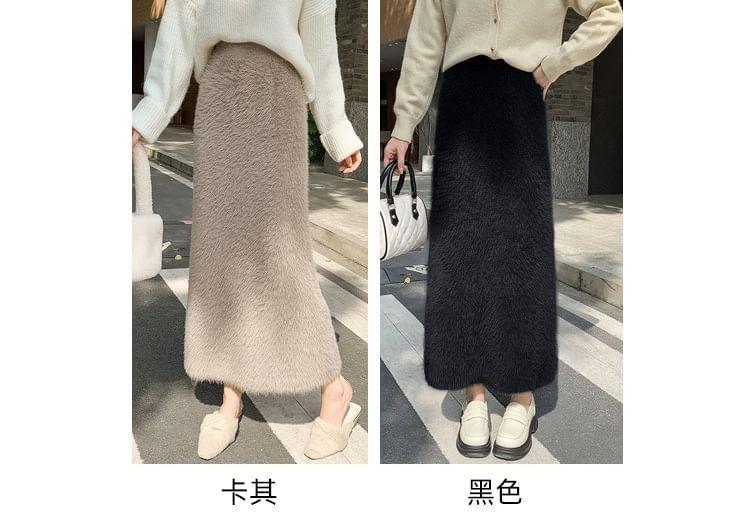 High Rise Plain Fluffy Knit Midi H-Line Skirt Product Image