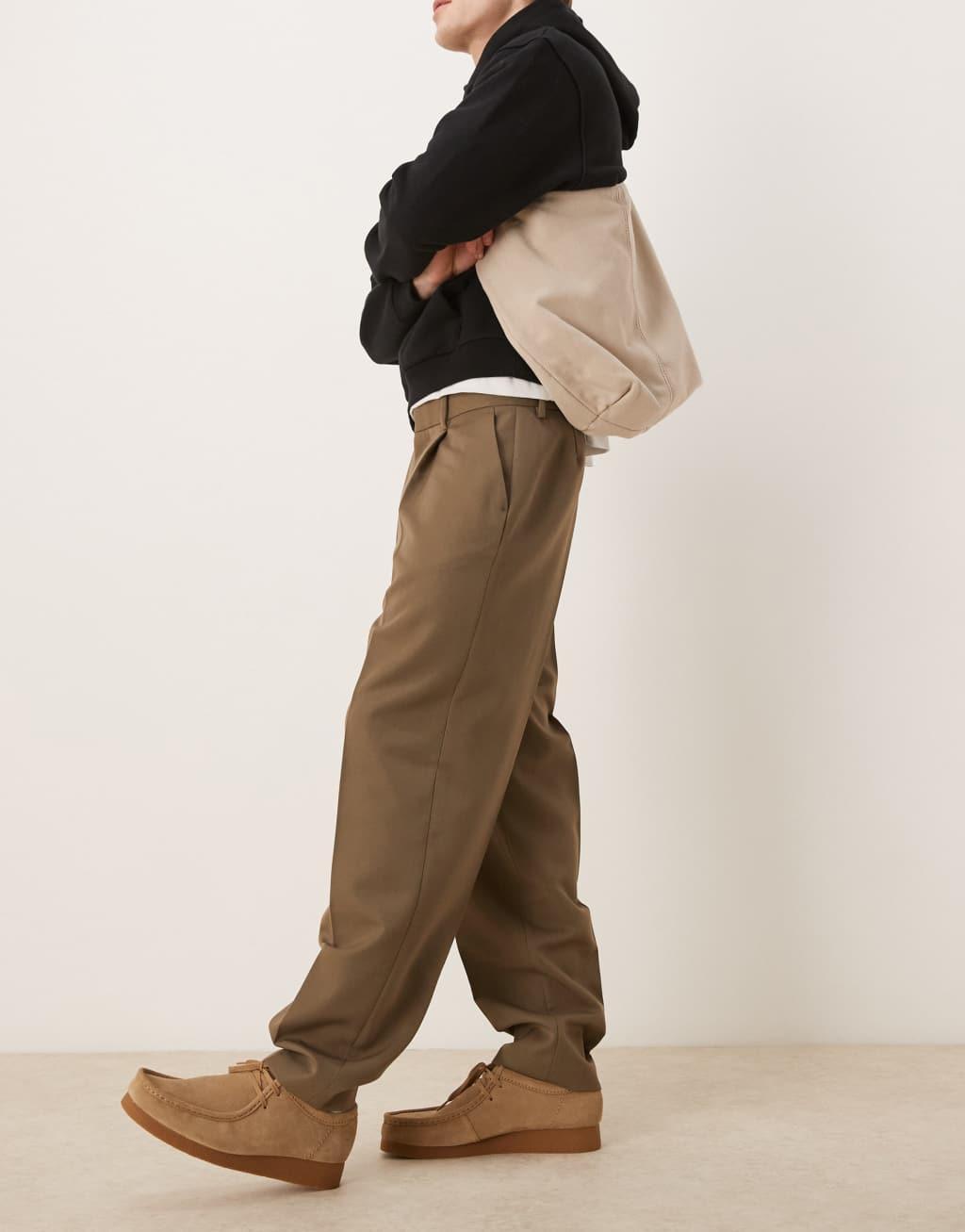 ASOS DESIGN smart oversized tapered pants with front pleat in khaki Product Image
