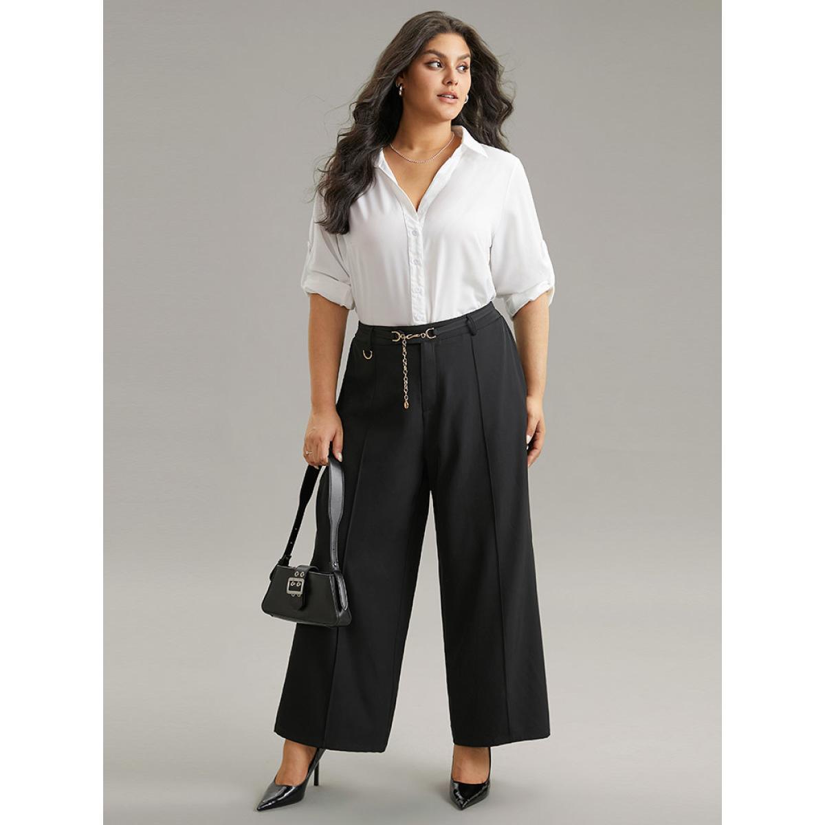 Plus Size Static-Free Elastic Waist Chain Belted Pleated Pants Women Black Office Straight Leg High Rise Work Pants BloomChic 30/6X Product Image