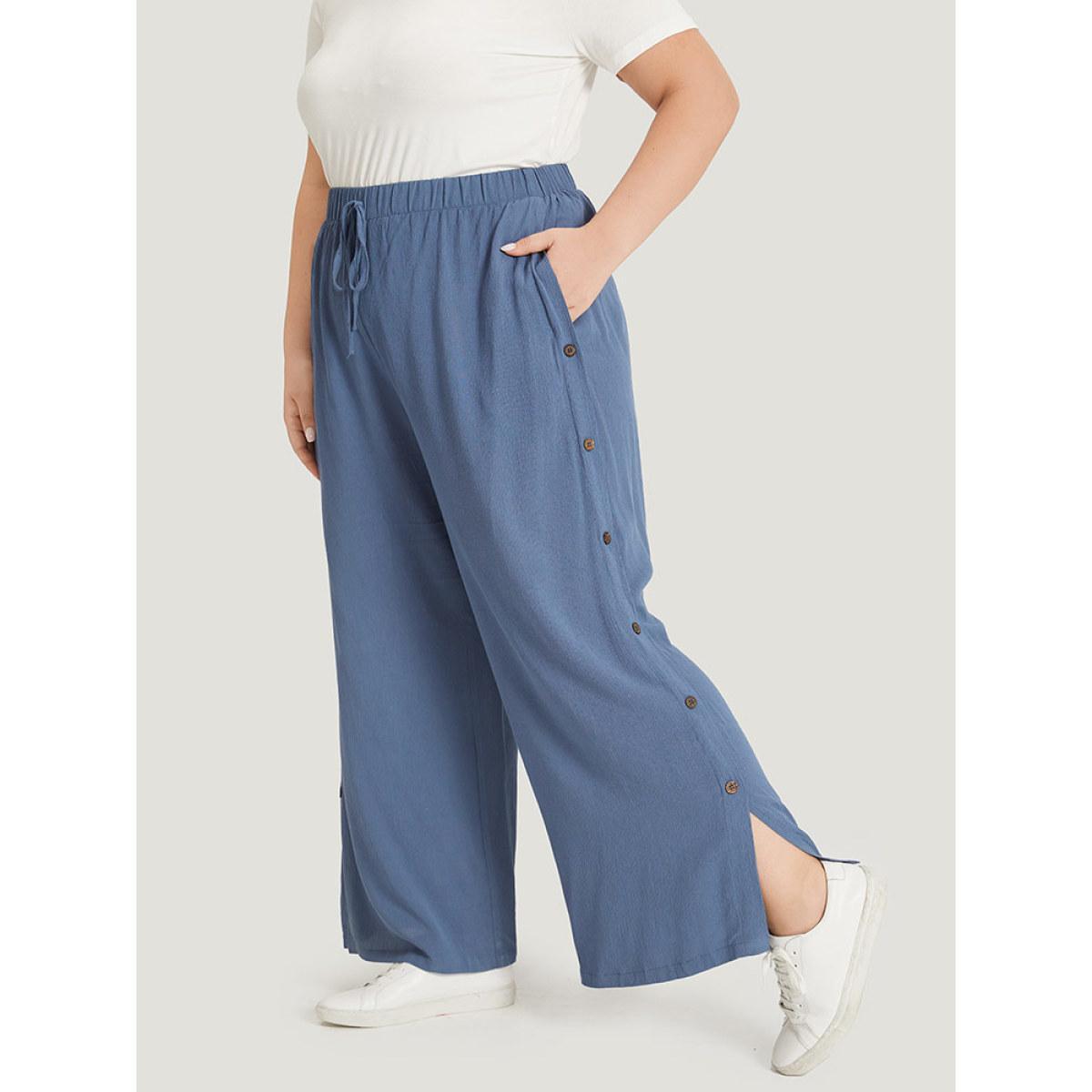 Plus Size Plain Pocket Split Hem Ties Button Detail Pants Women Aegean Casual Straight Leg High Rise Dailywear Pants BloomChic 10/M Product Image