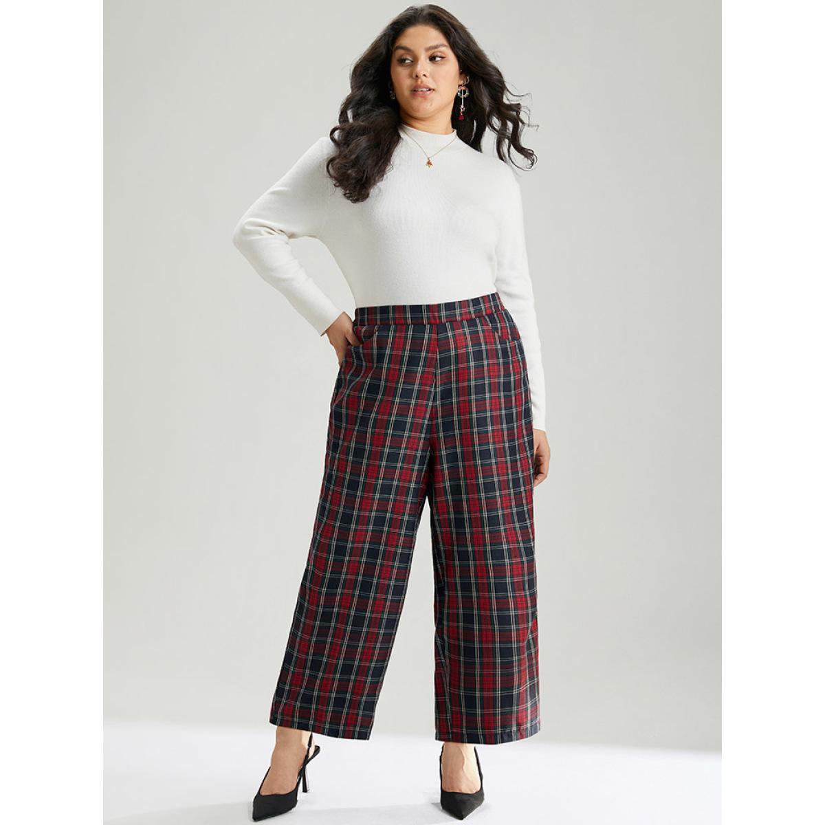 Plus Size Plaid Elastic Waist Pocket Straight Leg Pants Women Multicolor Elegant Straight Leg High Rise Festival-Christmas Pants BloomChic 18-20/2X Product Image