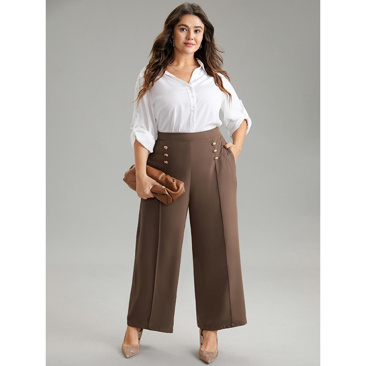 Plus Size Static-Free Button Detail Seam Detail Elastic Waist Pants Women Tan At the Office Wide Leg High Rise Work Pants BloomChic 22-24/3X Product Image