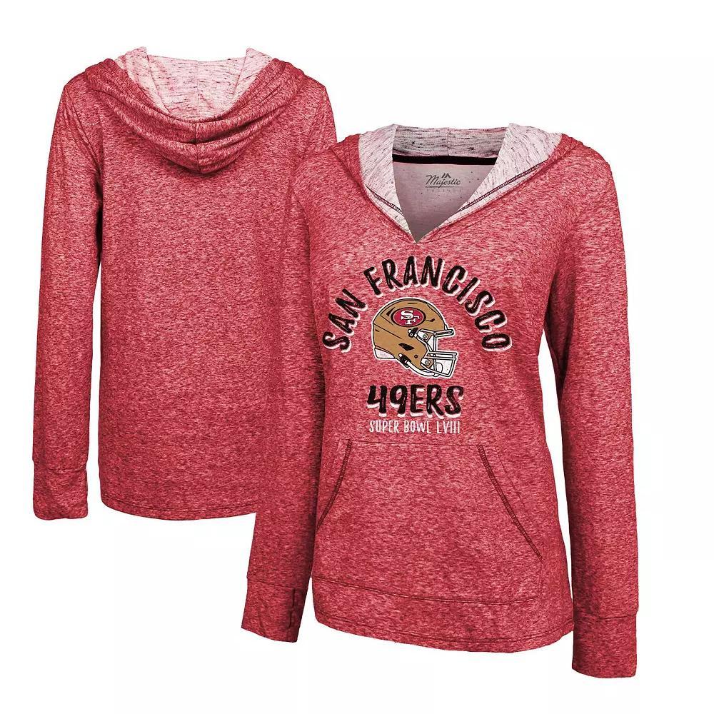 Women's Majestic Threads  Scarlet San Francisco 49ers Super Bowl LVIII Victory Slub V-Neck Pullover Hoodie, Size: 2XL, Red Product Image