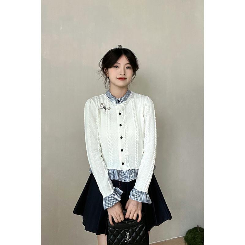Stand Collar Mock Two-Piece Gingham Panel Bow Accent Button-Up Crop Cardigan Product Image