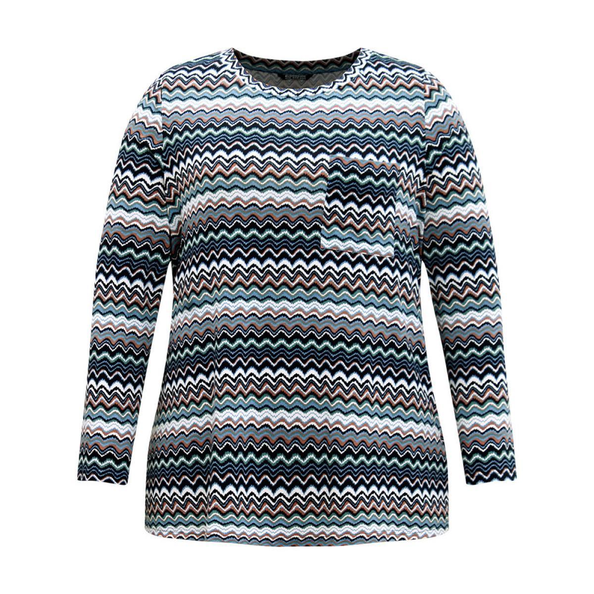 Plus Size Contrast Wave Striped Patched Pocket T-shirt Multicolor Women Casual Printed Geometric Round Neck Dailywear T-shirts BloomChic 10/M Product Image