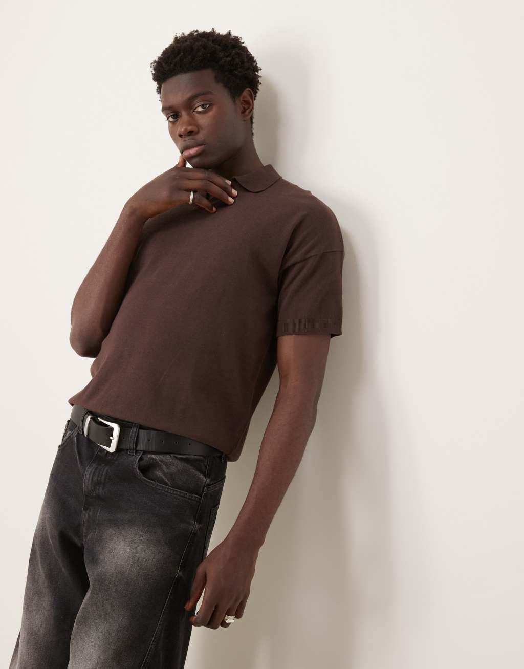 ASOS DESIGN relaxed boxy fit knit midweight cotton notch neck polo in brown Product Image