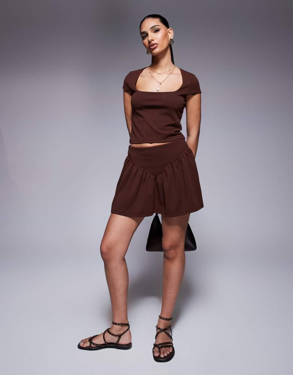 ASOS DESIGN square neck cap sleeve top in chocolate - part of a set Product Image