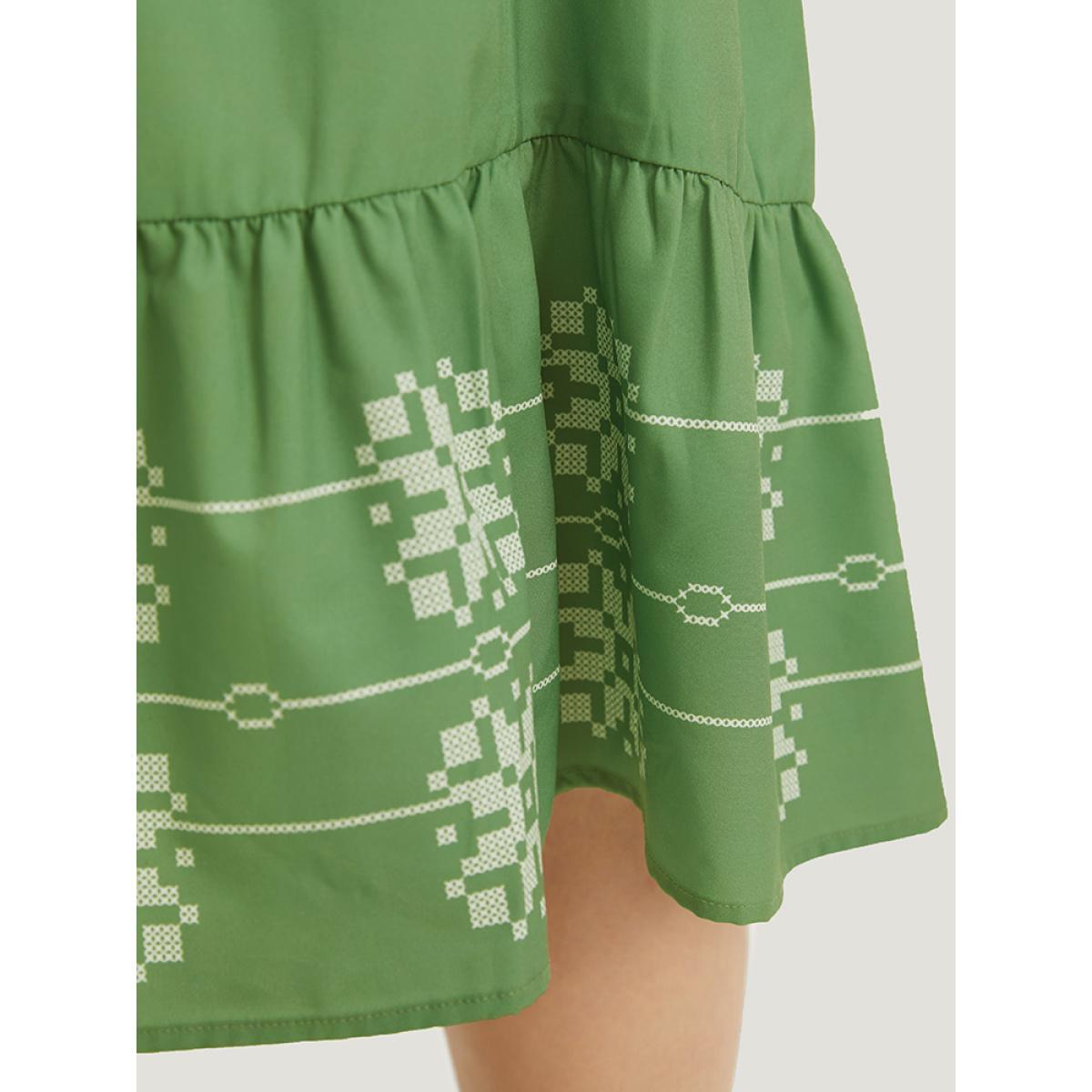 Plus Size Bandana Print Notched Layered Hem Elastic Cuffs Dress Mint Women Vacation Elastic cuffs Notched collar Elbow-length sleeve Curvy Midi Dress BloomChic 30/6X Product Image
