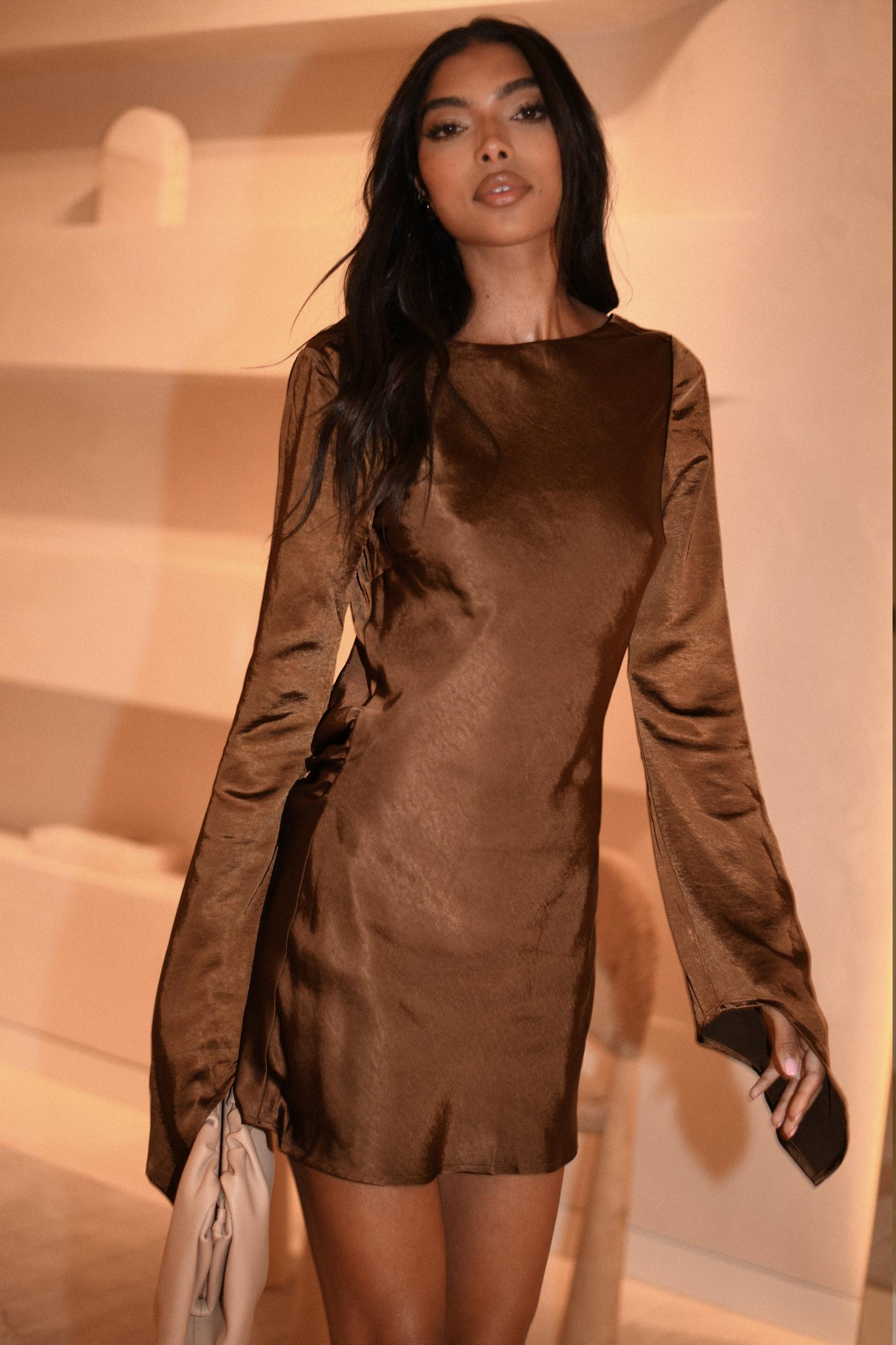 Davina Satin Long Sleeve Mini Dress - Dark Brown Product Image