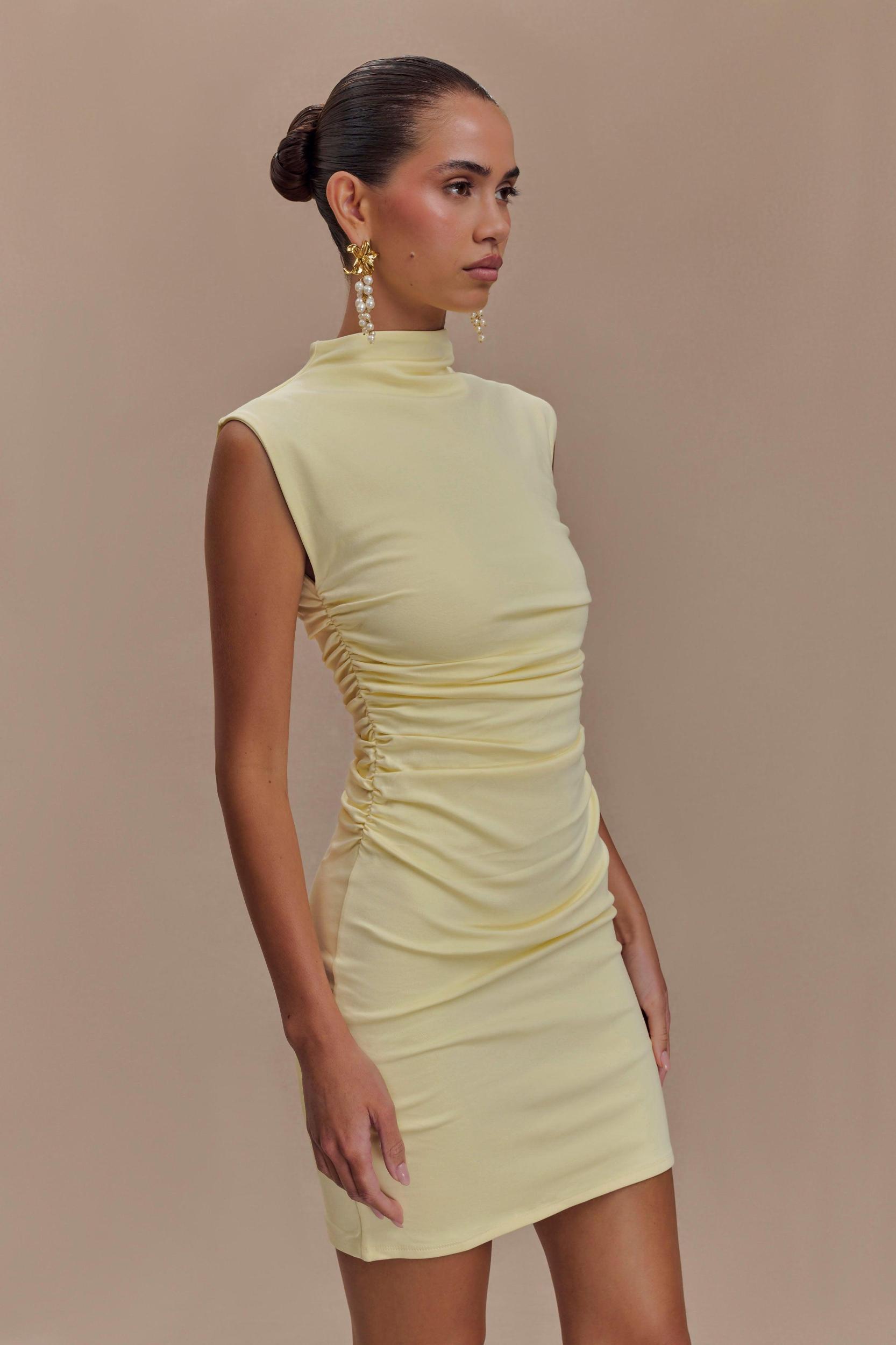 Elliot High Neck Sleeveless Mini Dress - Pale Lemon Product Image