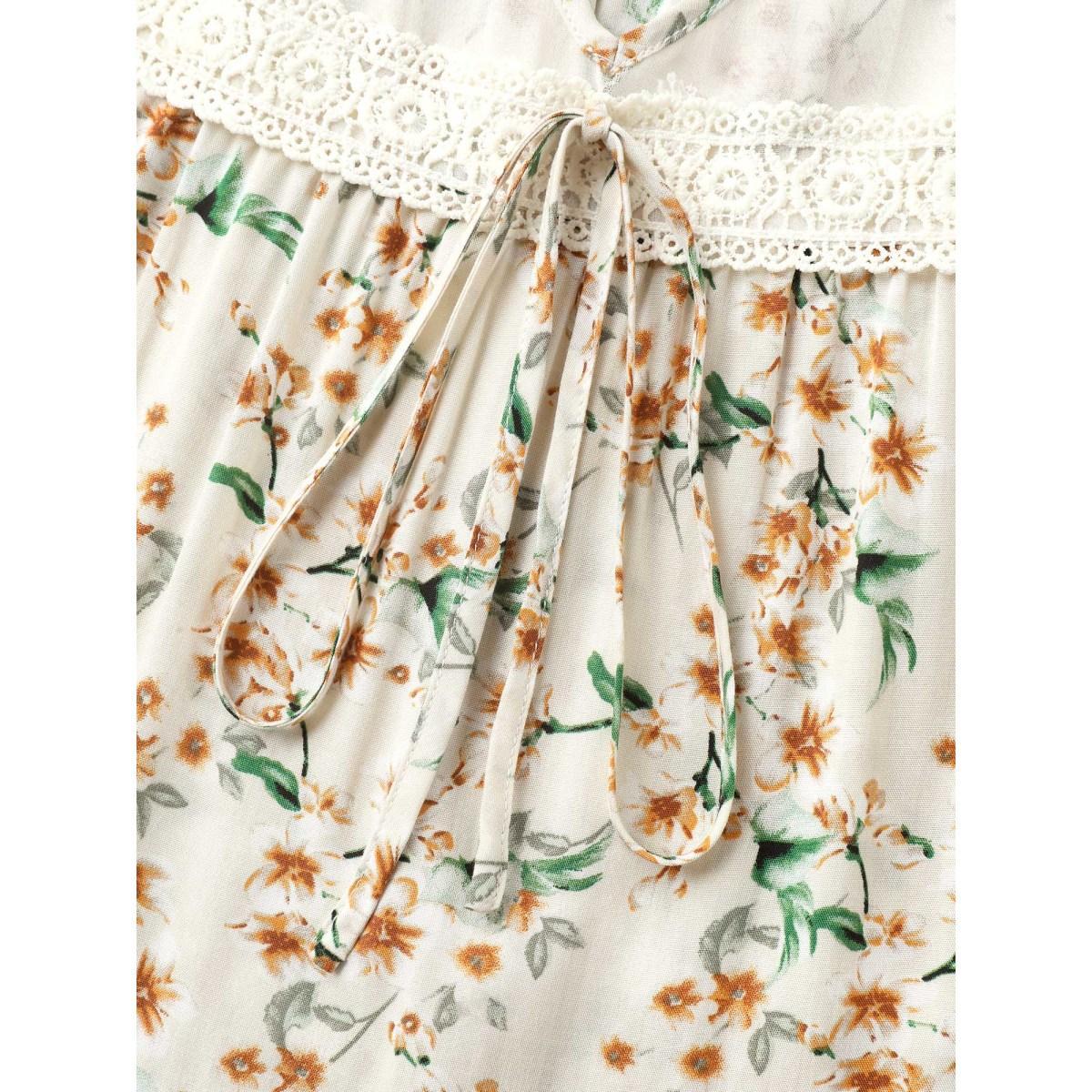 Plus Size Beige Floral Print Lace Sheer Sleeve Blouse Women Short sleeve V-neck Everyday-Elegant Blouses BloomChic 26/4X Product Image