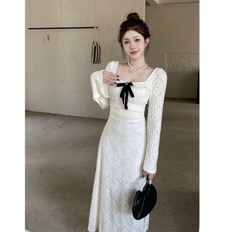 Long Sleeve Square Neck Bow Frill Maxi A-Line Dress Product Image