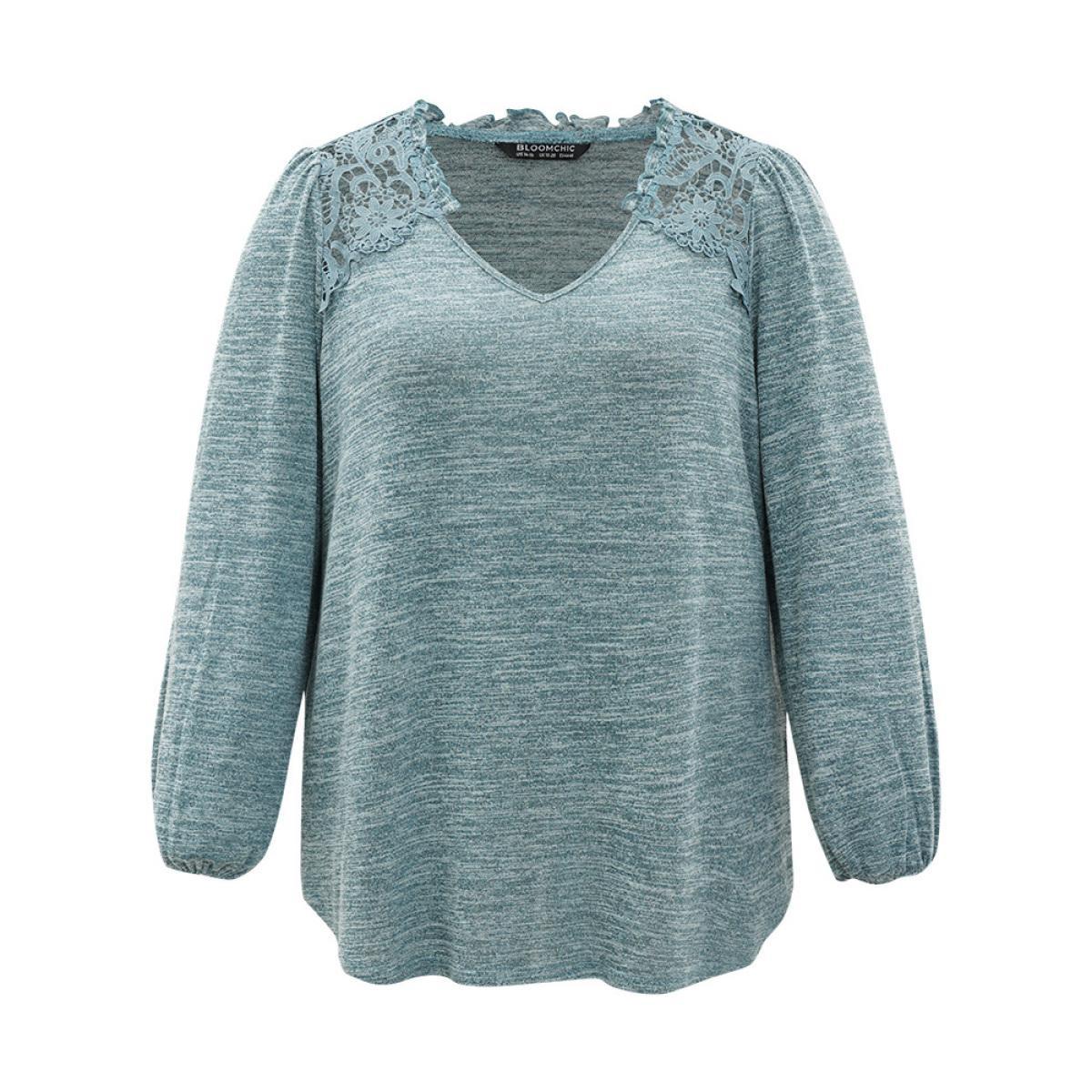 Plus Size Lace Insert Curved Hem Lantern Sleeve Sweatshirt Women Cyan Elegant Elastic cuffs V-neck Dailywear Sweatshirts BloomChic 18-20/2X Product Image