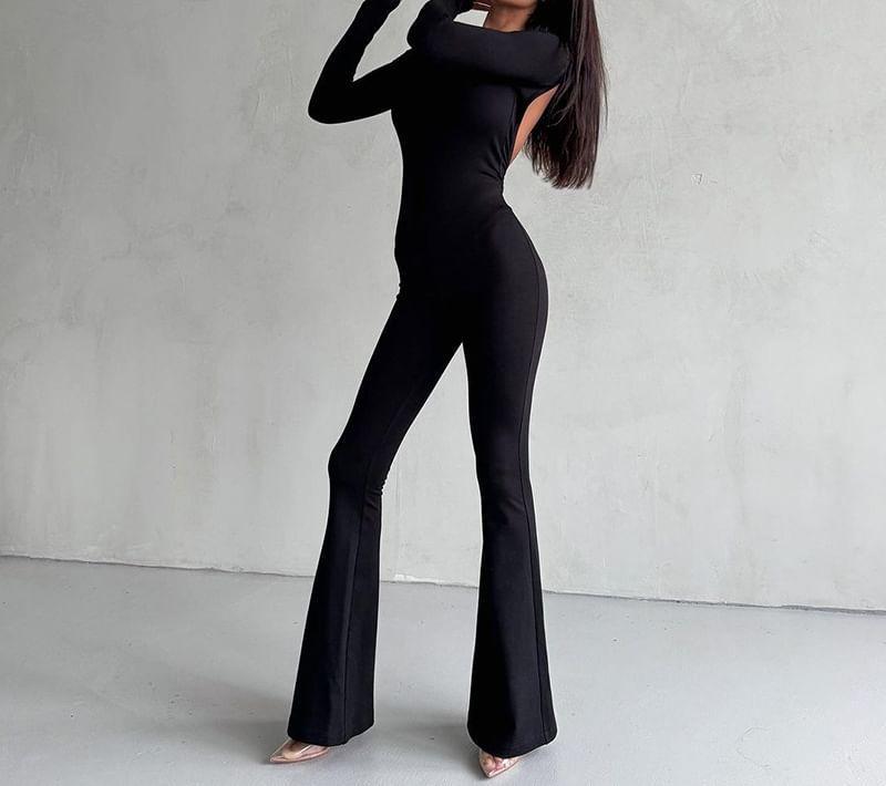 Long-Sleeve Crewneck Plain Jumpsuit Product Image