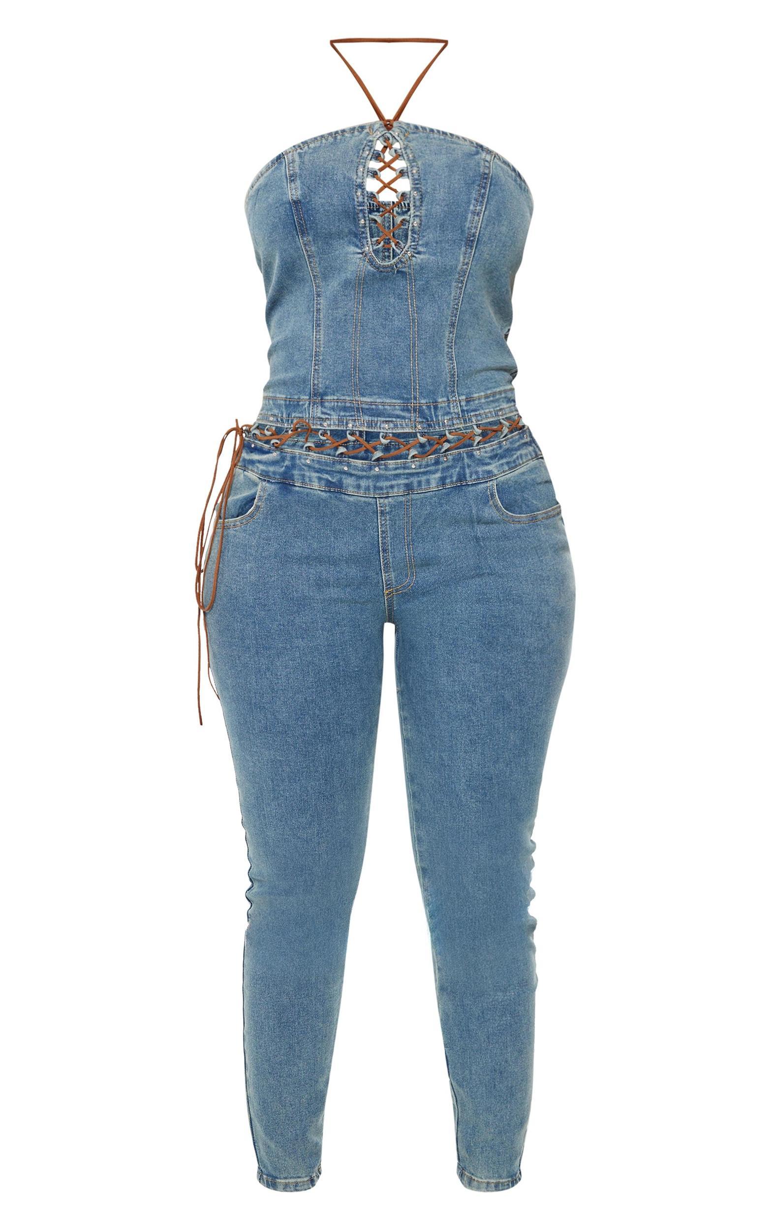 Shape Light Blue Wash Denim Bandeau Lace Up Detail Jumpsuit Product Image