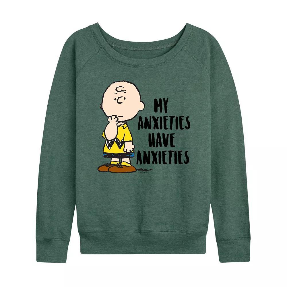 Womens Peanuts Charlie Brown Anxieties French Terry Long Sleeve Tee, Girls Grey Green Product Image