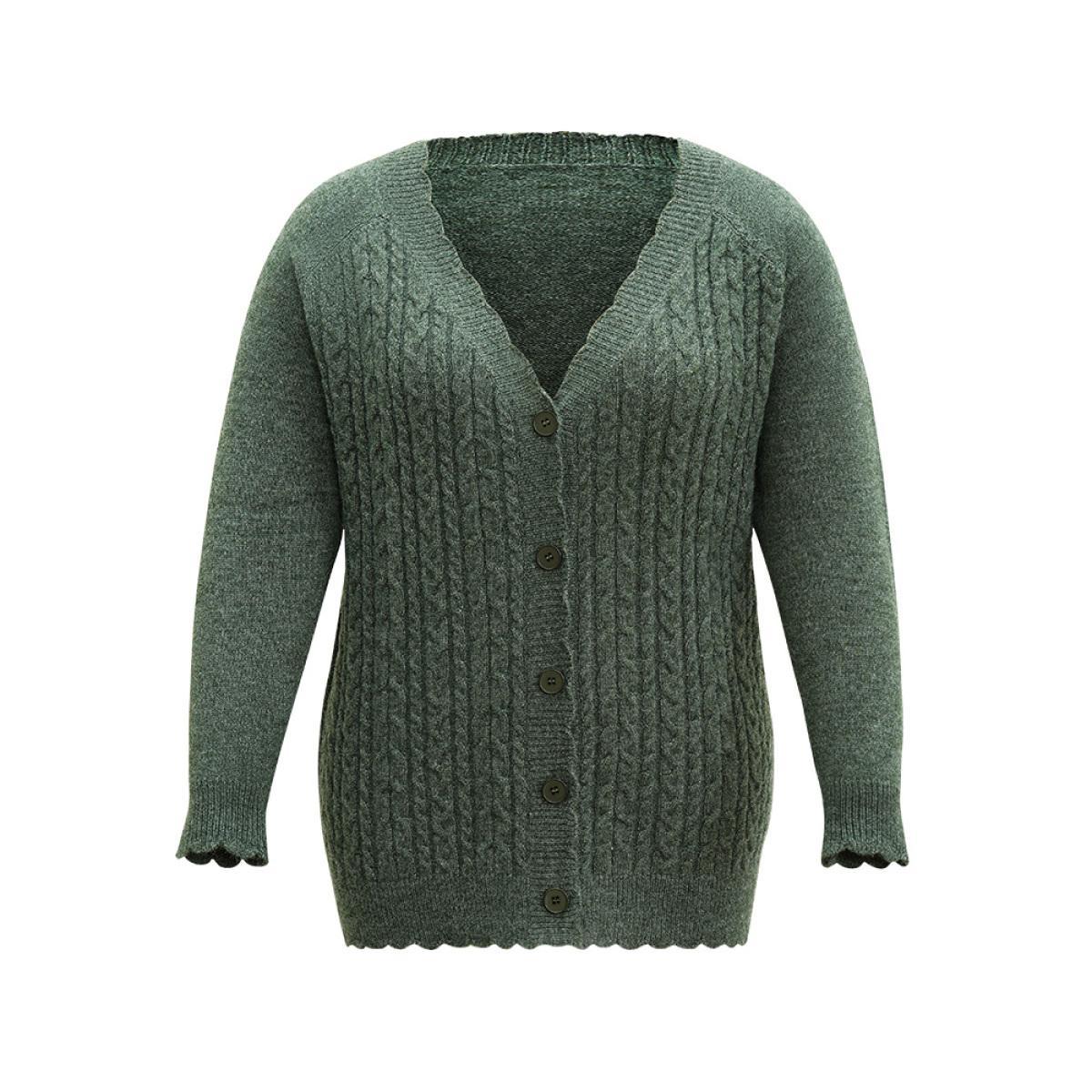 Plus Size Solid Cable Knit Scalloped Trim Cardigan DarkGreen Women Casual Loose Long Sleeve Dailywear Cardigans BloomChic 12/L Product Image