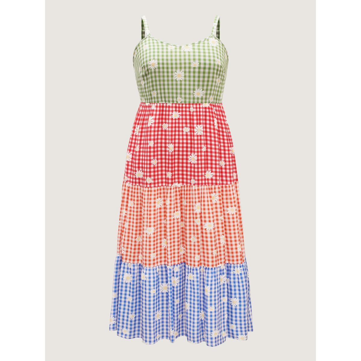 Plus Size Multicolor Daisy Print Tiered Cami Dress Multicolor Women V-neck Sleeveless Curvy BloomChic 30/6X Product Image