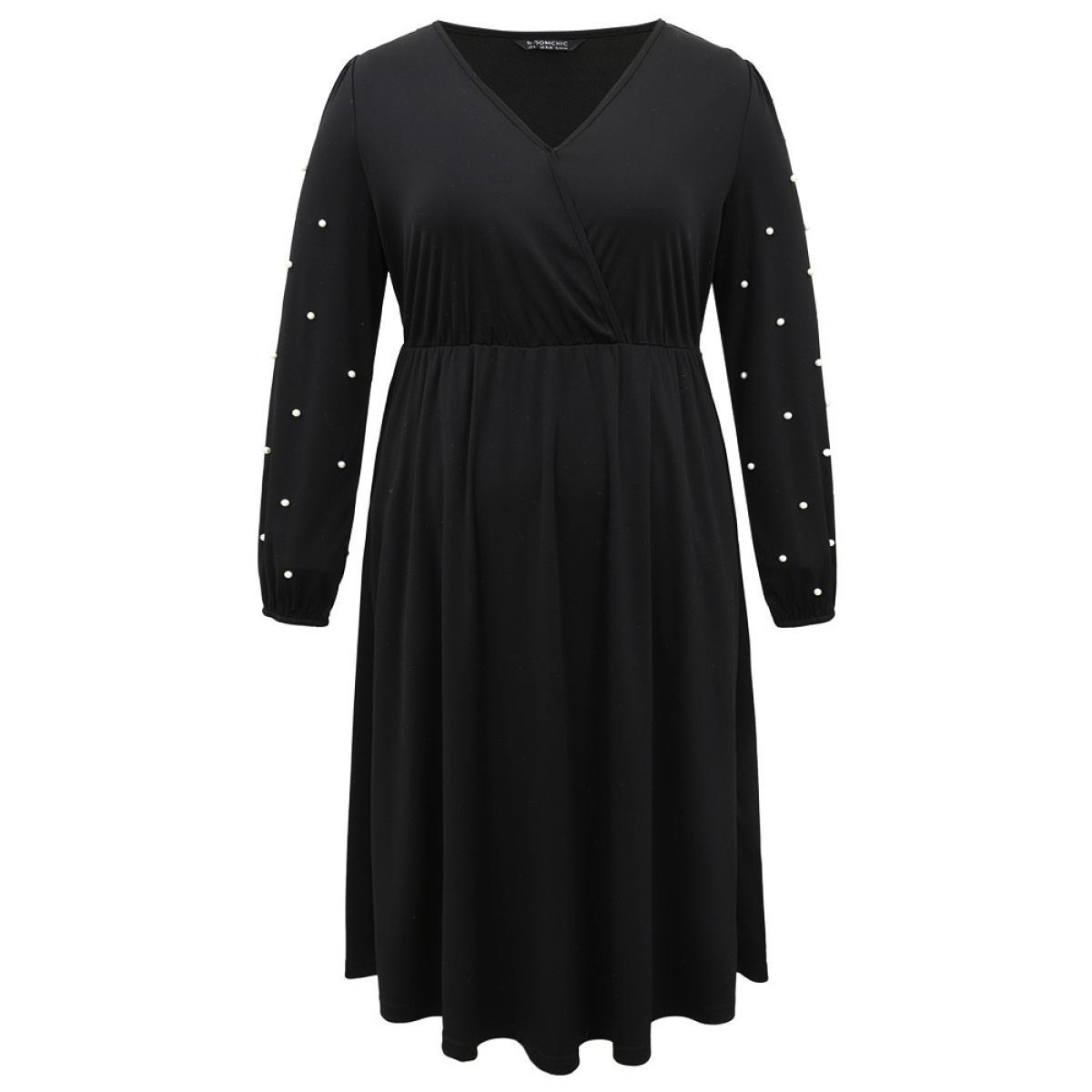 Plus Size Beaded Overlap Collar Pocket Elastic Waist Dress Black Women Elegant Elastic cuffs Overlap Collar Long Sleeve Curvy Midi Dress BloomChic 14-16/1X Product Image