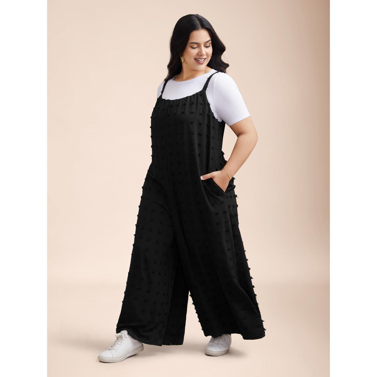 Plus Size Black Textured Cami Plunging Back Flared Jumpsuit Women Casual Sleeveless U-neck Everyday-Casual Loose Jumpsuits BloomChic 14-16/1X Product Image