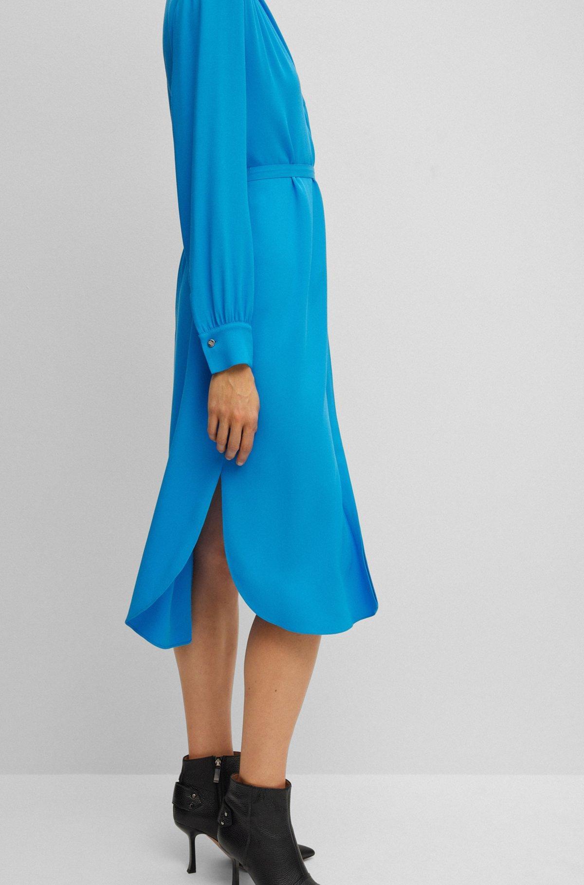 Belted dress with collarless V neckline and button cuffs Product Image