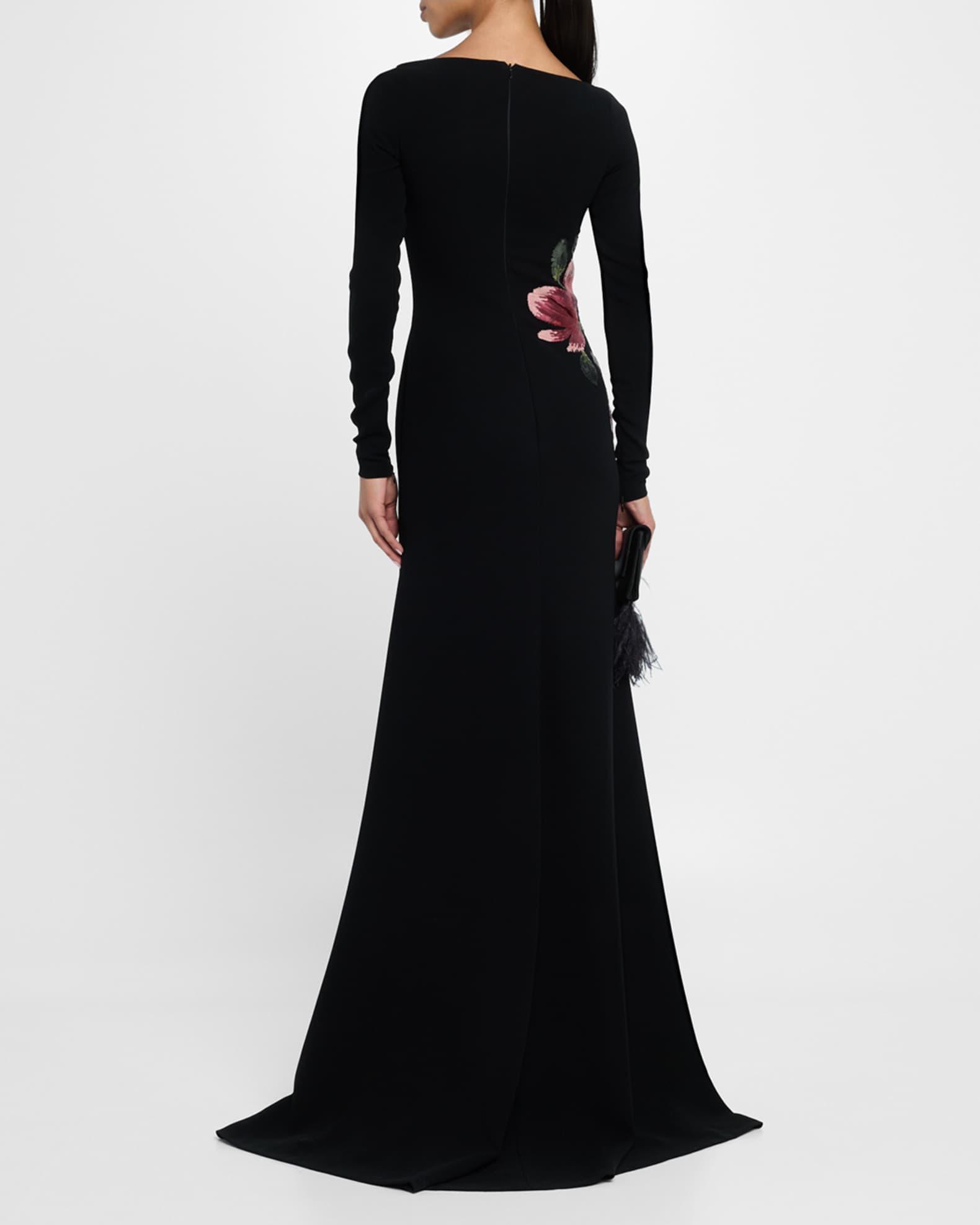 Floral Beaded Crepe Long-Sleeve Trumpet Gown Product Image