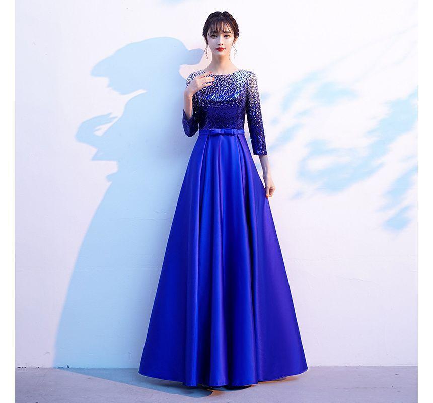 3/4-Sleeve Round Neck Plain Sequin Satin A-Line Evening Gown Product Image