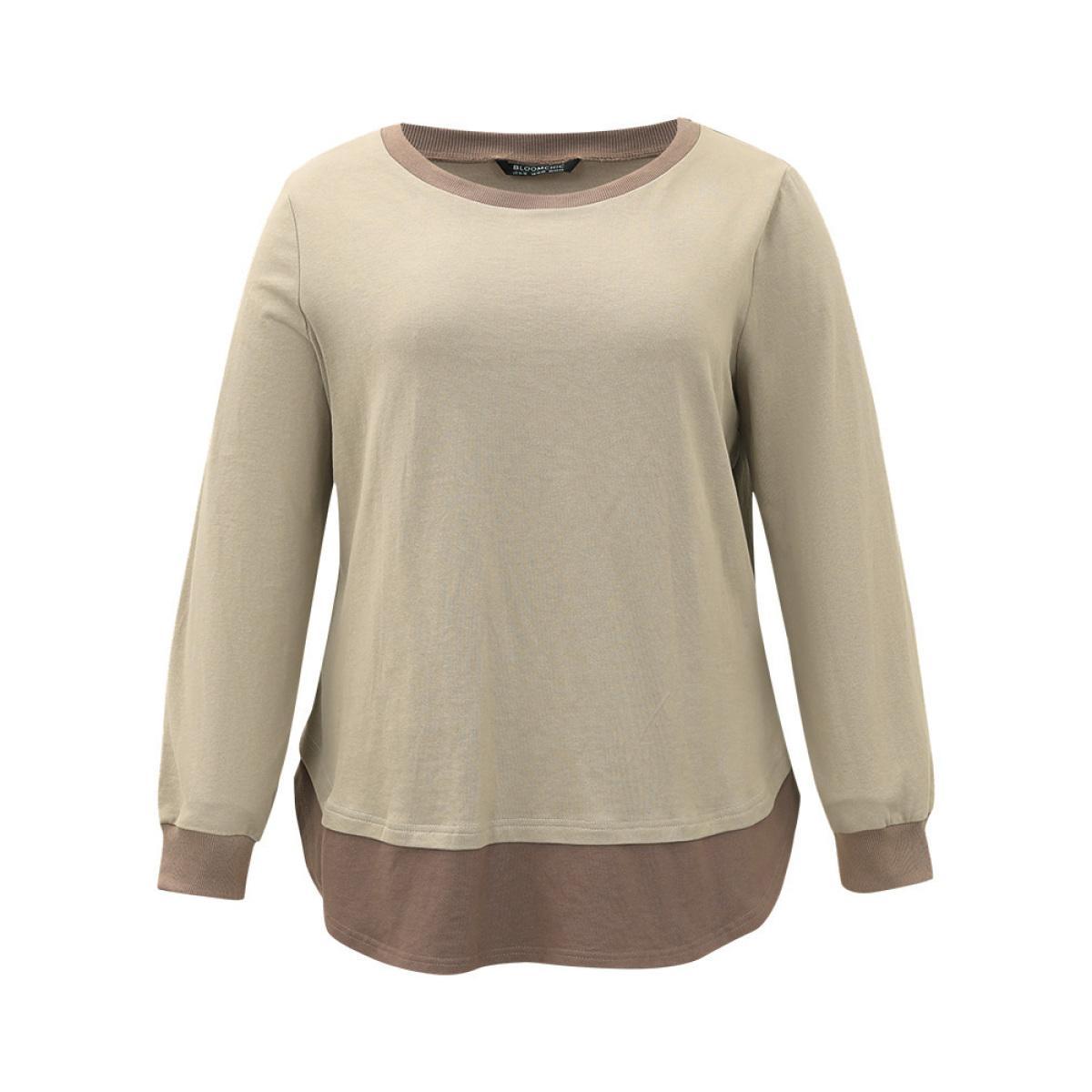 Plus Size Cotton Two Tone Layered Sweatshirt Women LightBrown Casual Arc Hem Round Neck Dailywear Sweatshirts BloomChic 26/4X Product Image